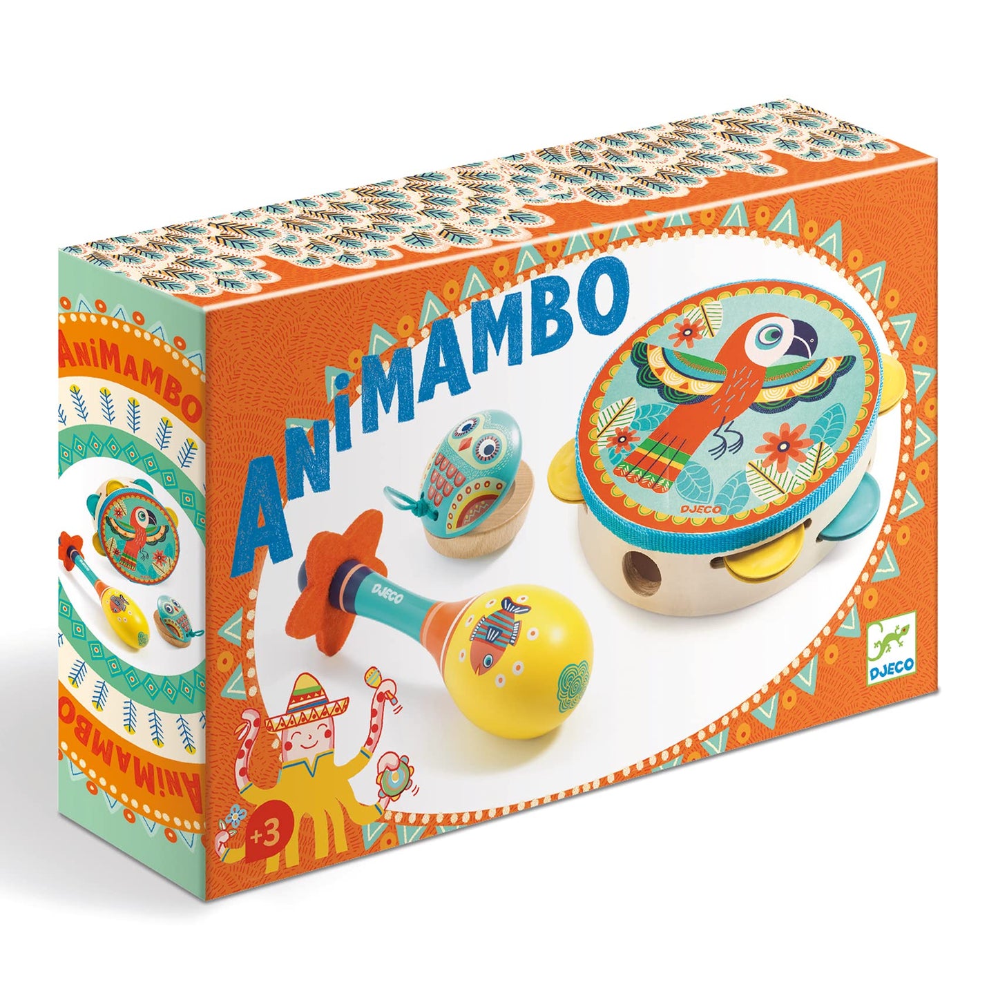 DJECO Animambo Tambourine, Maraca, Castanet Music Instrument Set - Cute Parrot, Fish & Owl Design Toddler Educational Musical Toy for Creativity & Rythym - Toys for 3+ Years Girls & Boys - Medaid International