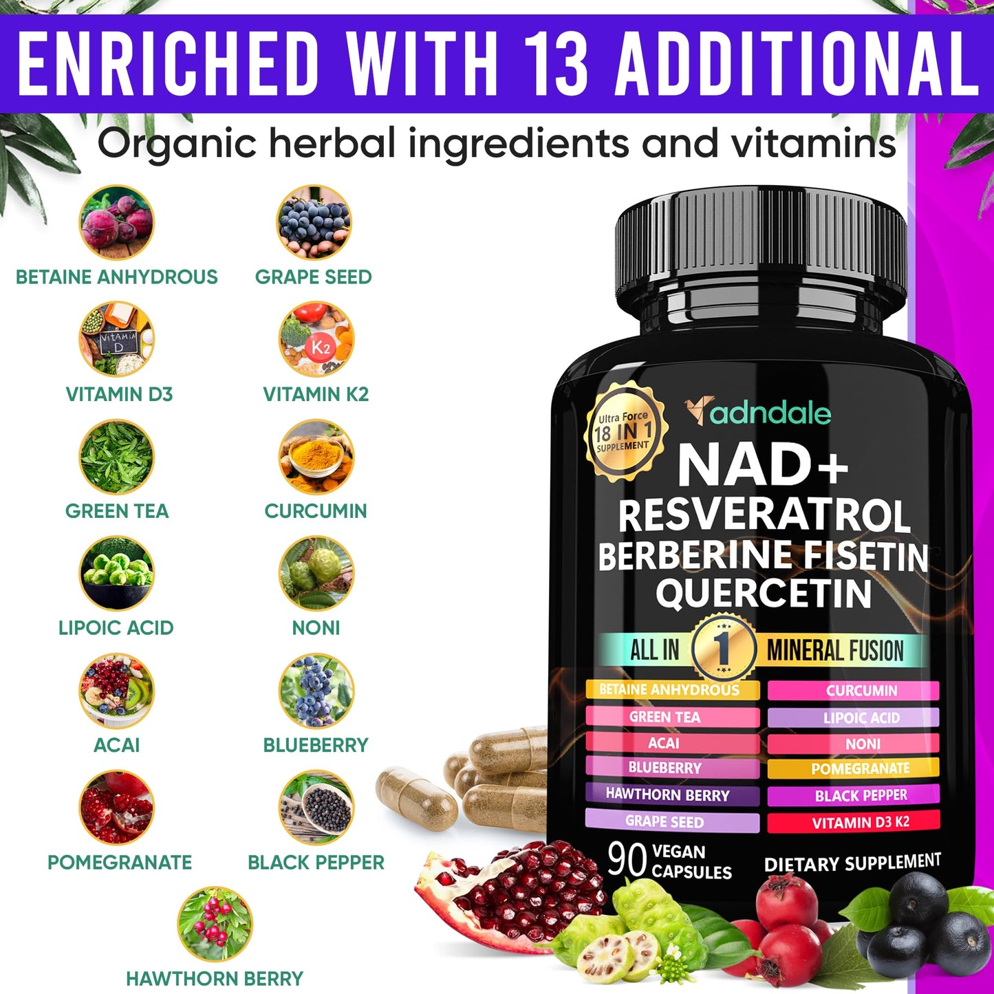 Adndale NAD Supplement. NMN Alternative Liposomal NAD+, Trans Resveratrol, Quercetin, Berberine, Betaine Anhydrous, Grape Seed, Fisetin. 90 Capsules - Medaid International