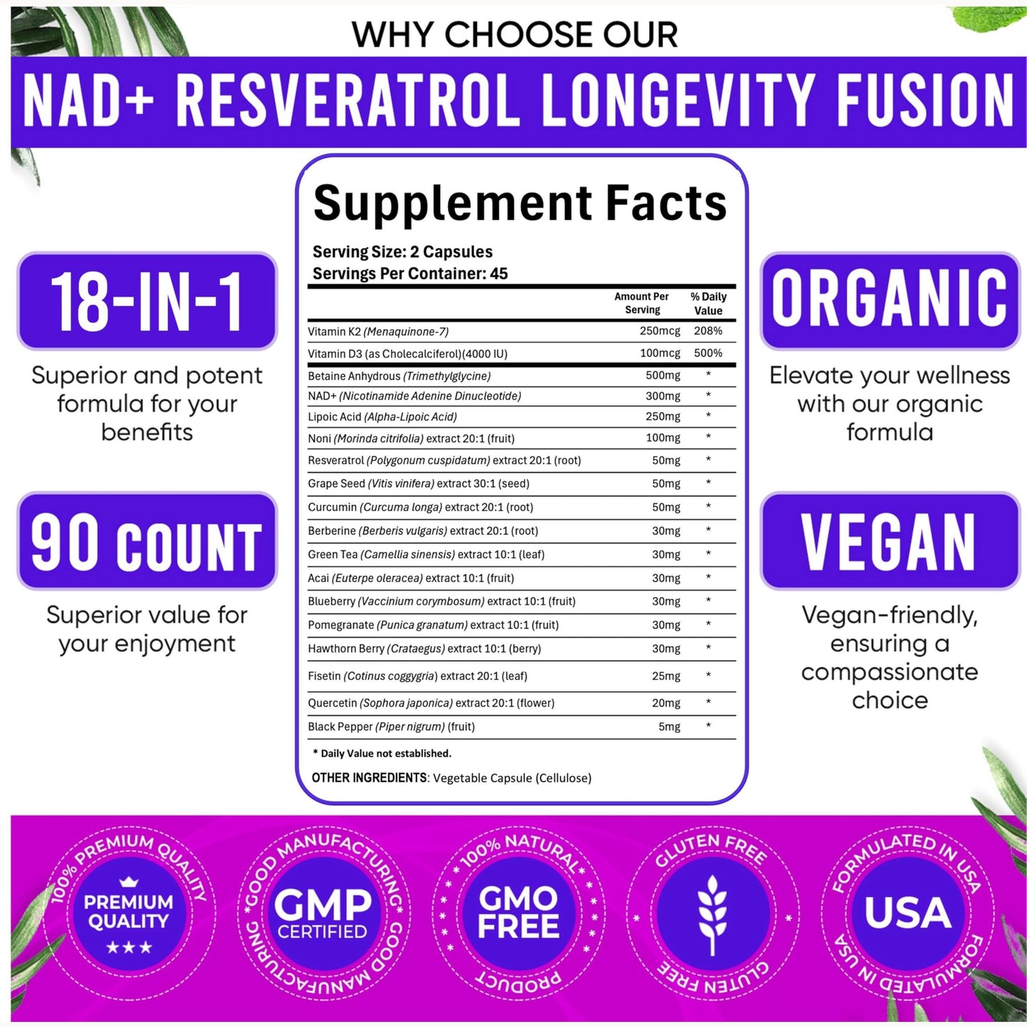 Adndale NAD Supplement. NMN Alternative Liposomal NAD+, Trans Resveratrol, Quercetin, Berberine, Betaine Anhydrous, Grape Seed, Fisetin. 90 Capsules - Medaid International