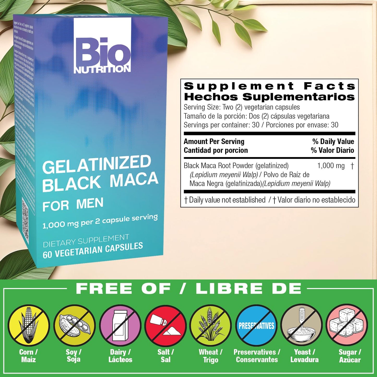 Bio Nutrition Gelatinized Black Maca 60 Vegetarian Capsules | 1,500 mg per Serving | Energy Boost | Calcium | Magnesium | Phosphorus - Medaid International