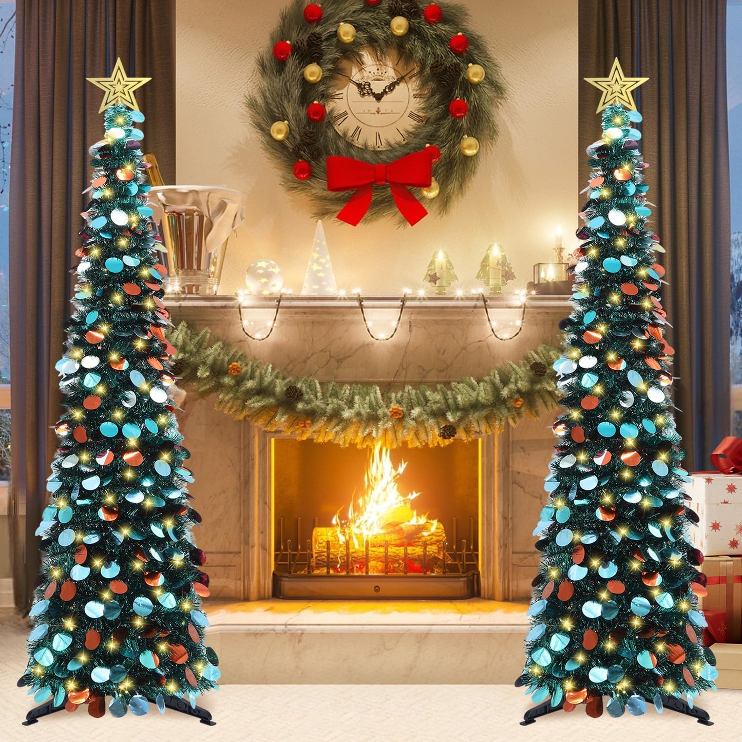 HMASYO 5 FT Pop Up Christmas Tree with Timer Lights, Blue Christmas Tinsel Tree, Collapsible Artificial Pencil Christmas Tree for Indoor Home Apartment Porch Holiday Party Decorations - Medaid International