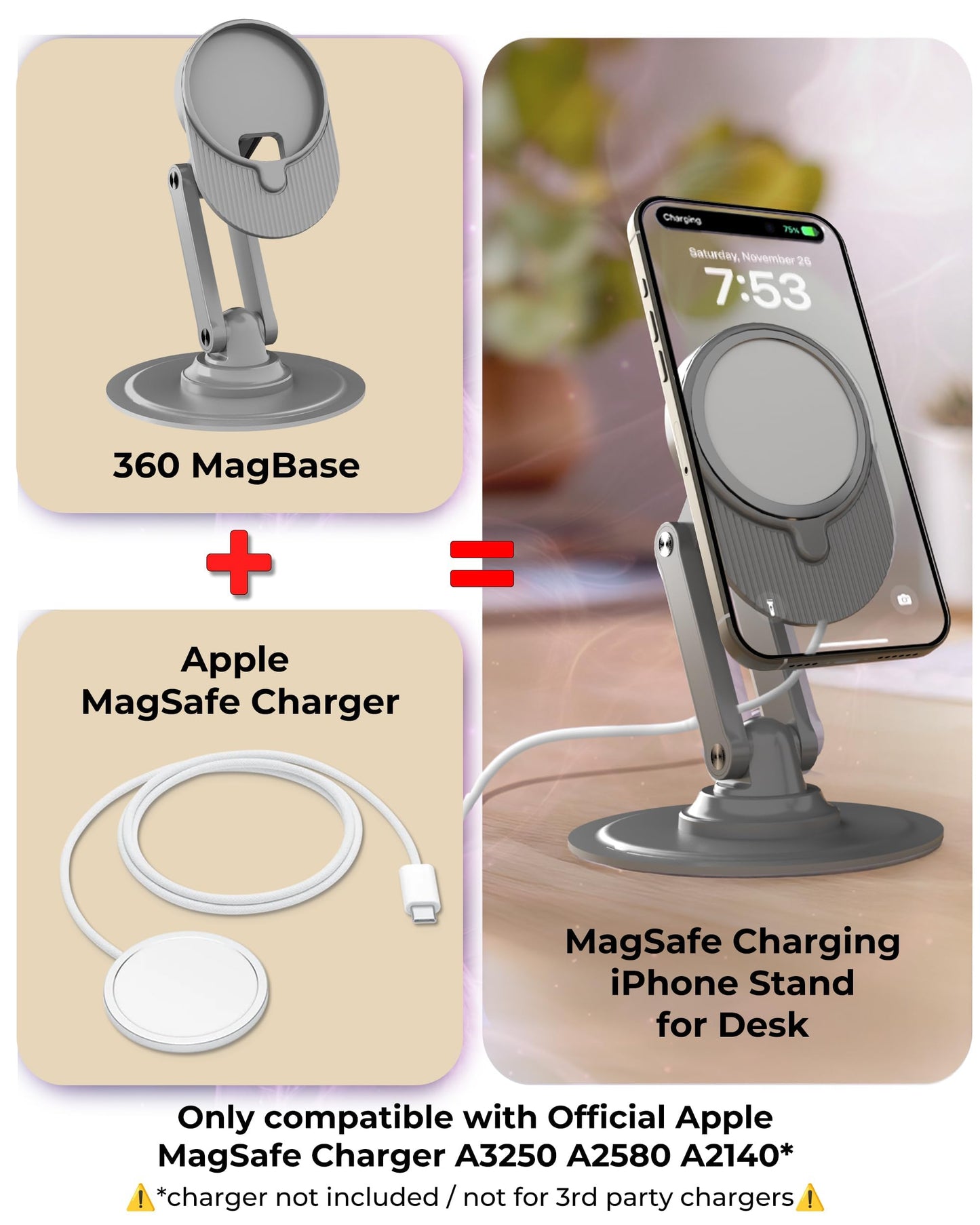 COOPER 360 MagBase, Stand for Apple MagSafe Charger (Not Included) MagSafe Charger Stand for iPhone 17 Pro Max, iPhone 16, 15,14,13,12, AirPods Charging, Standby Mode, 360° Rotation (Space Grey) - Medaid International