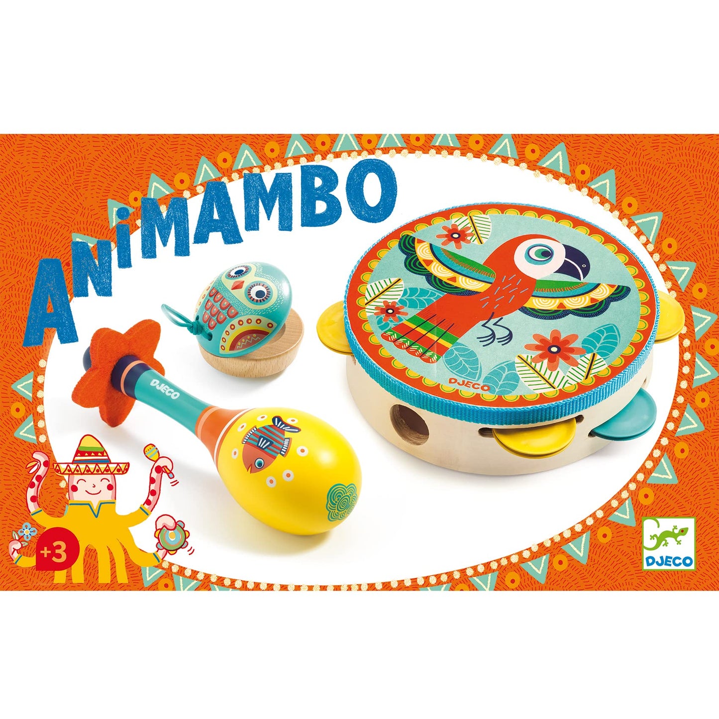 DJECO Animambo Tambourine, Maraca, Castanet Music Instrument Set - Cute Parrot, Fish & Owl Design Toddler Educational Musical Toy for Creativity & Rythym - Toys for 3+ Years Girls & Boys - Medaid International