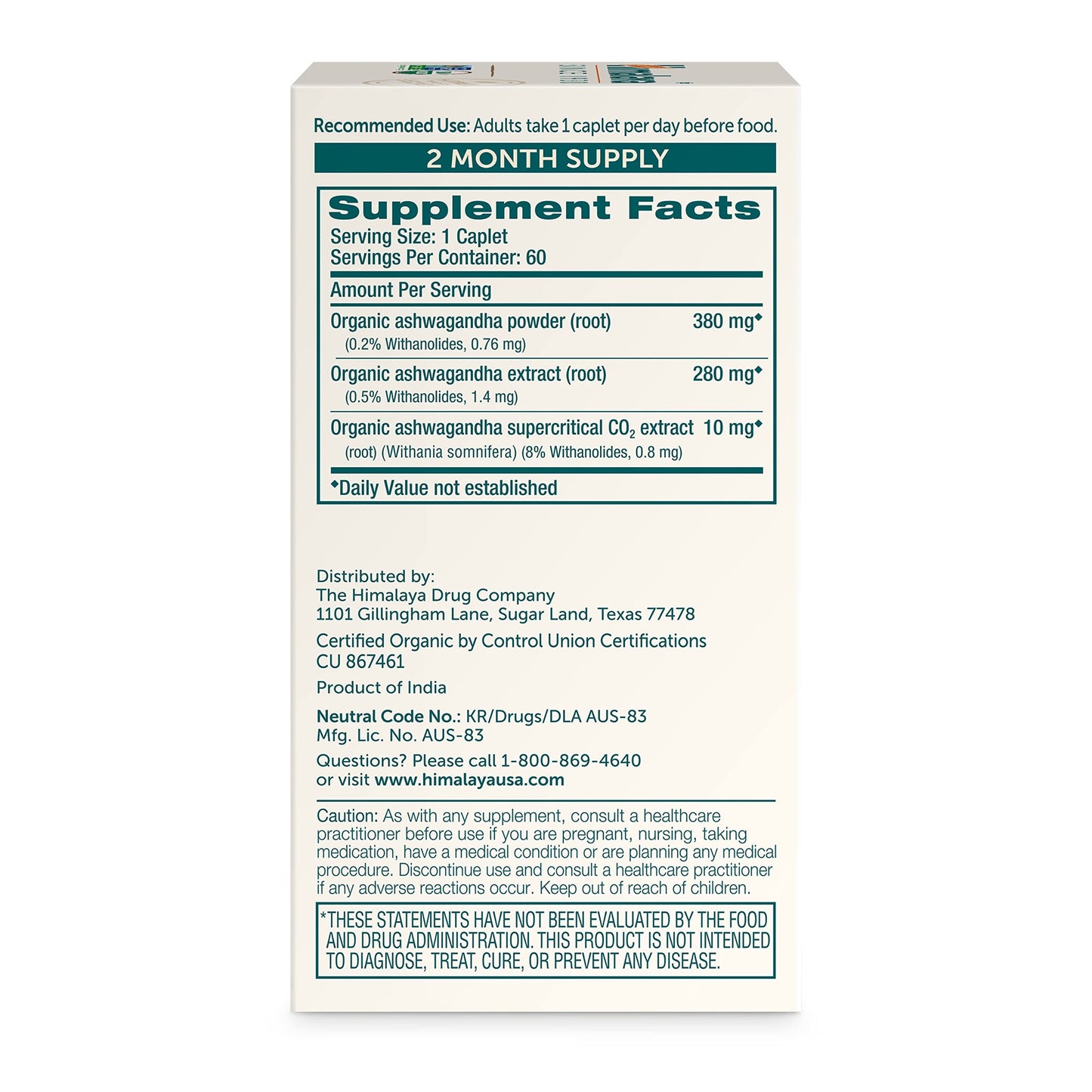 Himalaya Organic Ashwagandha Root, 60 Day Supply - Herbal Adrenal Support Supplements for Stress Relief and Energy Support - USDA Organic, Non-GMO, Vegan, Gluten Free, No Additives, 670 mg, 60 Caplets - Medaid International