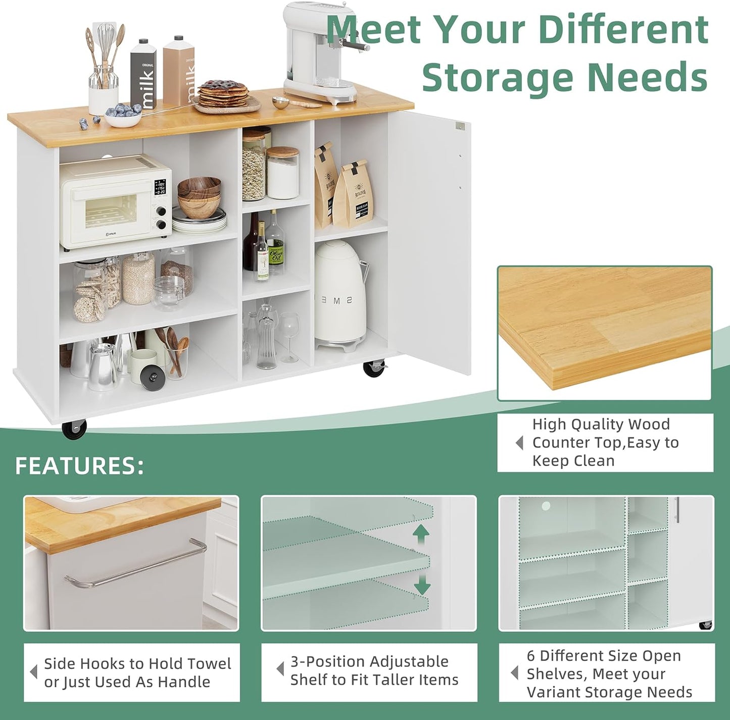 Shintenchi Kitchen Island Cart with Storage,Rolling Kitchen Island Storage Cabinet,Side Table on Wheels with Worktop,3 Open Shelves and 3 Drawers for Kitchen,Dinning Room, White - Medaid International