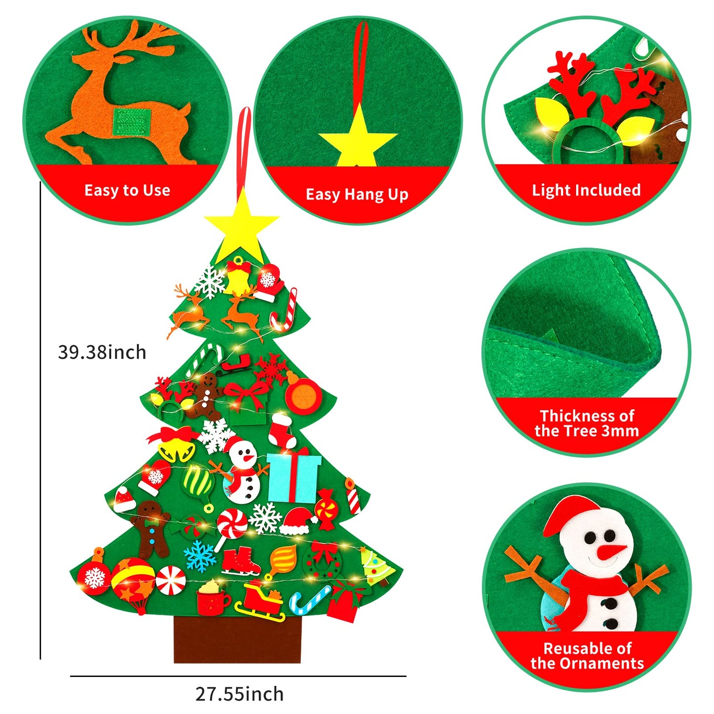 Garma DIY Felt Christmas Tree Set with 41PCS Kids Wall Hanging Detachable Ornaments, Felt Christmas Craft Kits Decorations for Toddler Xmas Gifts New Year Parties Supplies - Medaid International