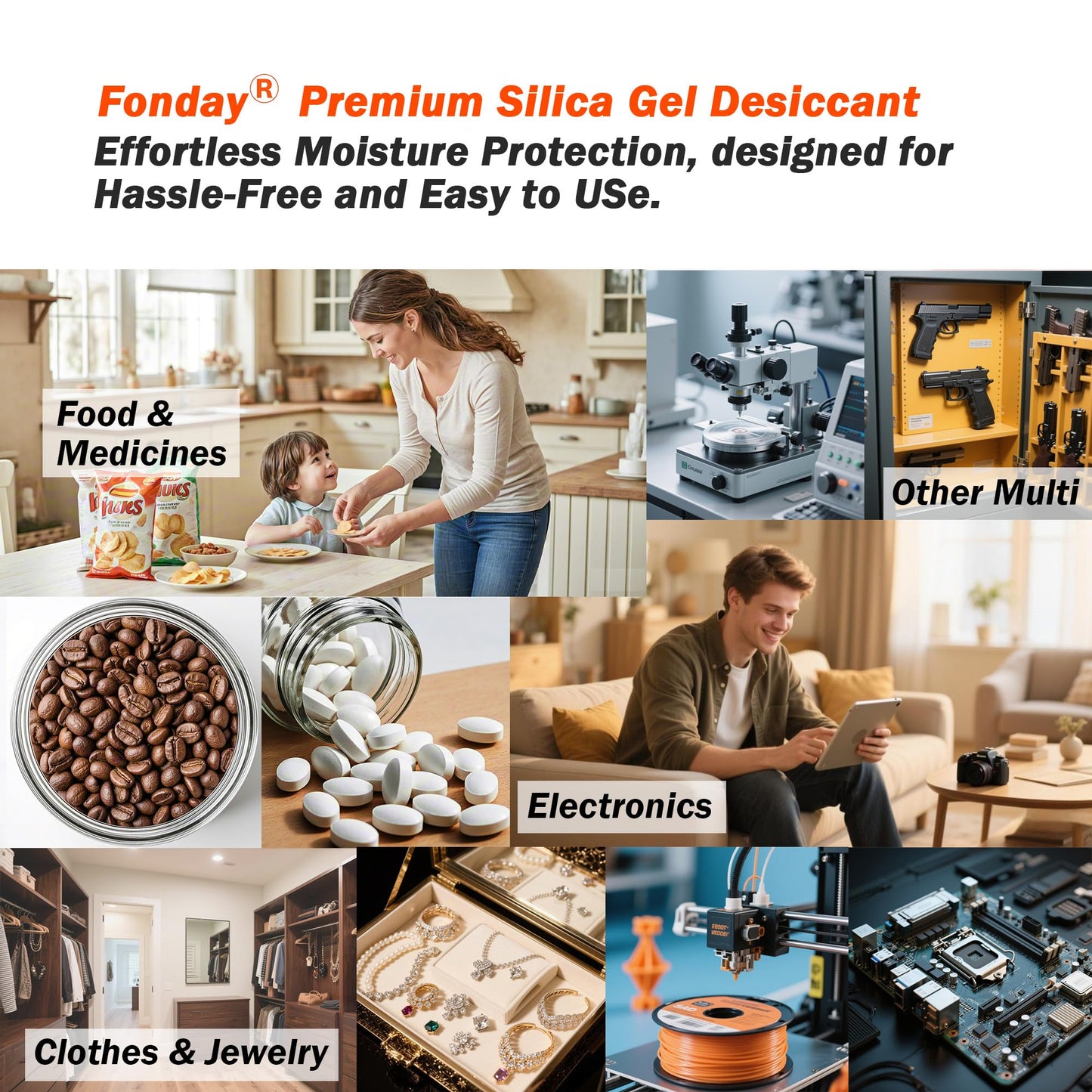 5g x 60 packs Fonday Rechargeable Silica Gel Desiccant Packets Food Grade Fast Reactivate Desiccant Bags Moisture Indicating Orange to Green - Medaid International