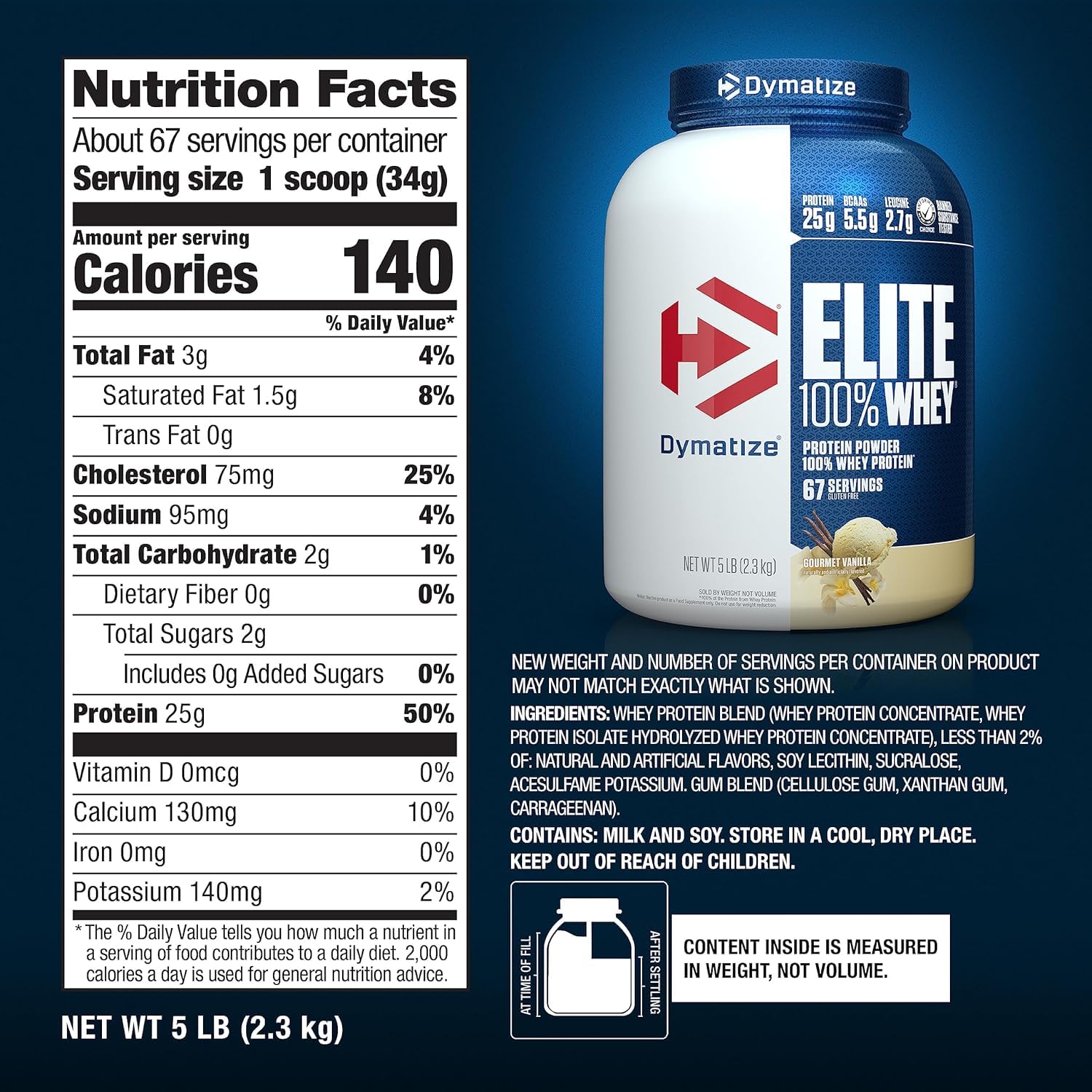 Dymatize Elite 100% Whey Protein Powder, Vanilla, 25g of Protein, 5.5g BCAAs, Less Than 140 Cal., Gluten Free, 2g Carb, 2g Sugar, 3g Fat (67 Servings) - Medaid International