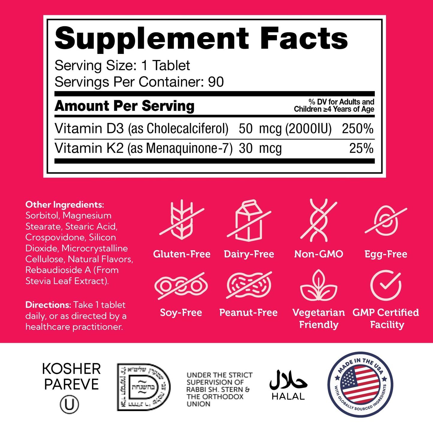 Zahler - Junior Vitamin D3 + K2 Chewable Tablets for Kids| Vitamin D for Kids 2000 IU | Delicious Vitamin D K2 Chews to Support Healthy Bones & Teeth - Kosher, Less Sugar Than Gummies (90 Count) - Medaid International