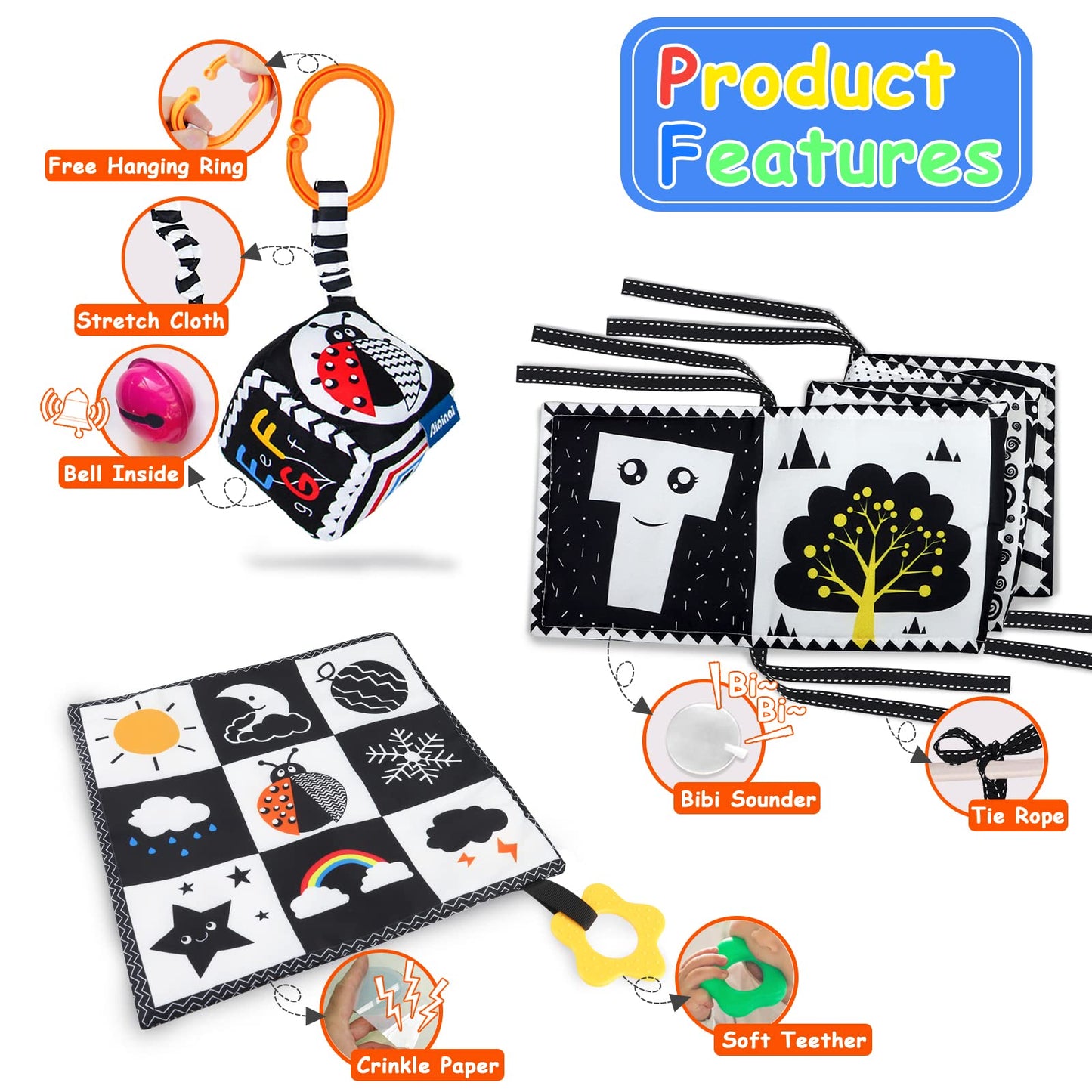 KUANGO 3 PCS Black and White High Contrast Baby Toys Newborn Toys 0-6 Months, Visual Stimulation Sensory Soft Book, Infant Tummy Time Toys 0-3-6 Months Baby Gifts - Medaid International