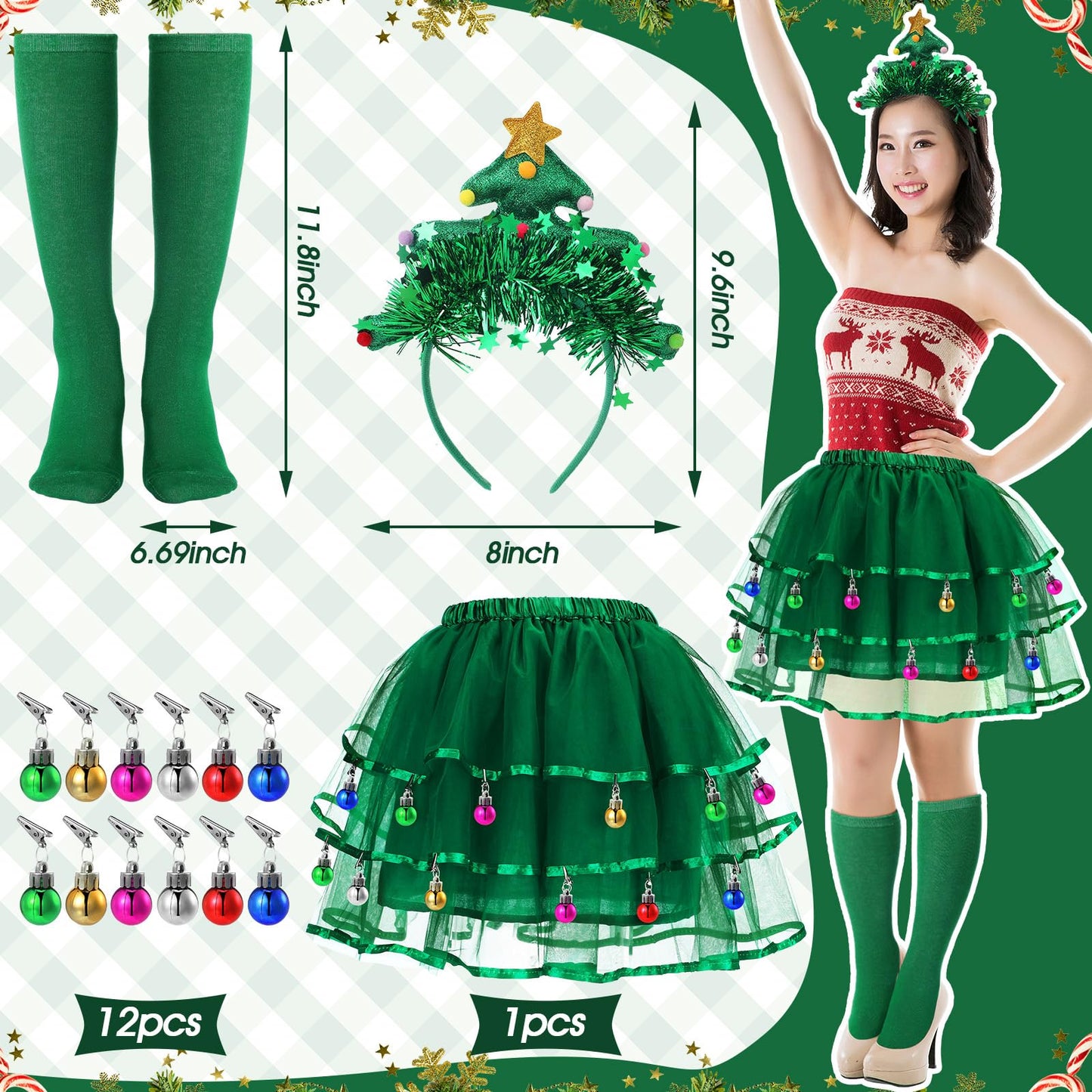 JenPen 4 Pcs Christmas Tree Costumes for Women Xmas Tutu Skirt Christmas Tree Headband Socks Xmas Outfit for Costume(Colored Clips) - Medaid International