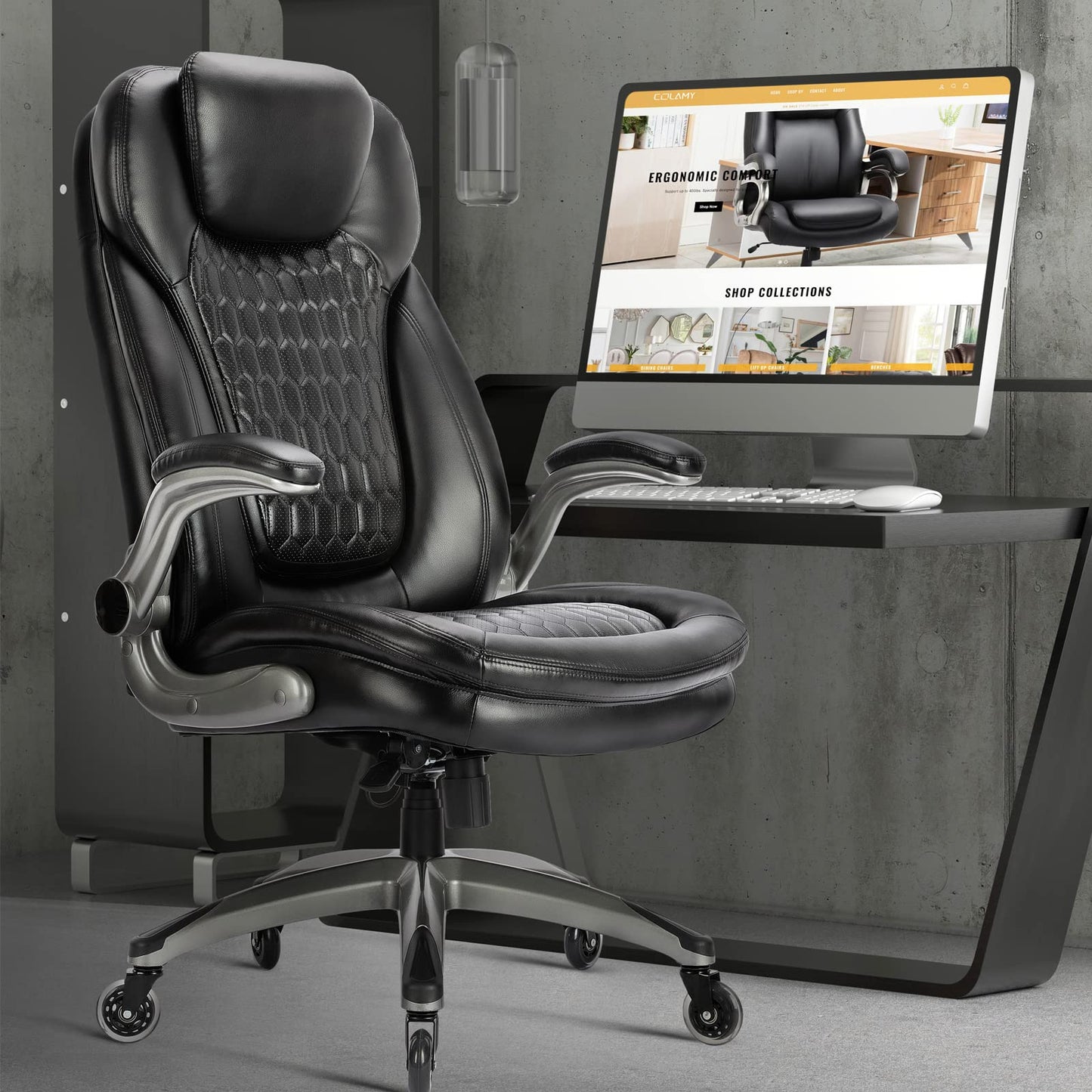 Executive Office Chair-Ergonomic Computer Desk Chair, High Back Leather Chair with Padded Flip-up Arms, Swivel Home Office Chair Upgraded Caster-Black - Medaid International
