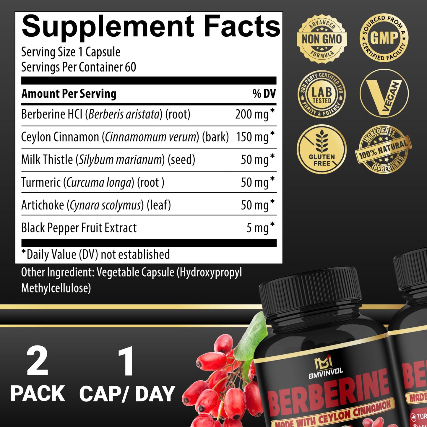 (2 Packs) Berberine Supplement Plus Ceylon Cinnamon, Turmeric, Artichoke, Milk Thistle, Black Pepper - 120 Capsules - 4 Months Supply - Medaid International