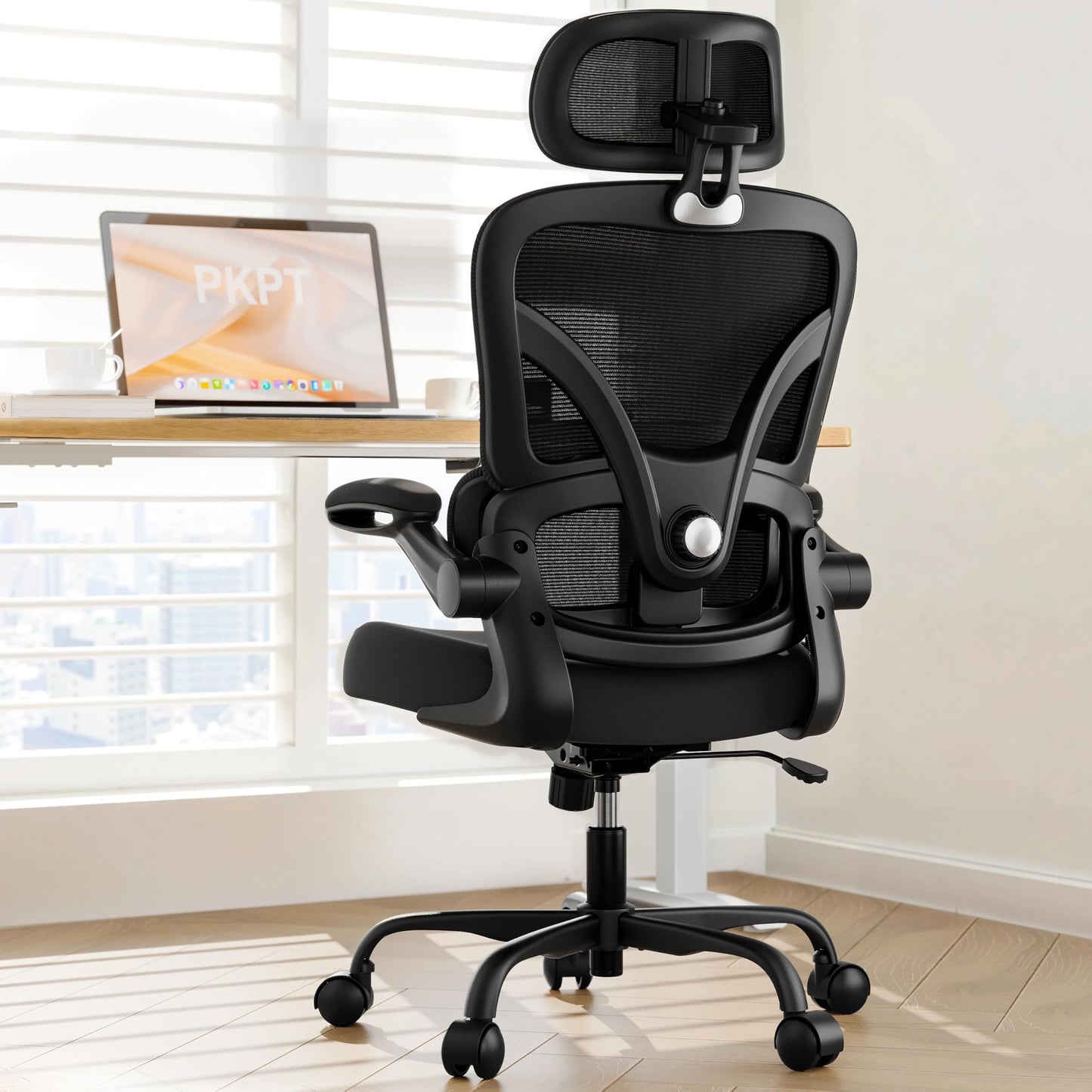PKPT Ergonomic Desk Chair with Adjustable Lumbar Support & Headrest, 330 LBS High Back Mesh Office Chair with Adjustable Armrest for Long Hours, Executive Large Computer Chair, Black - Medaid International
