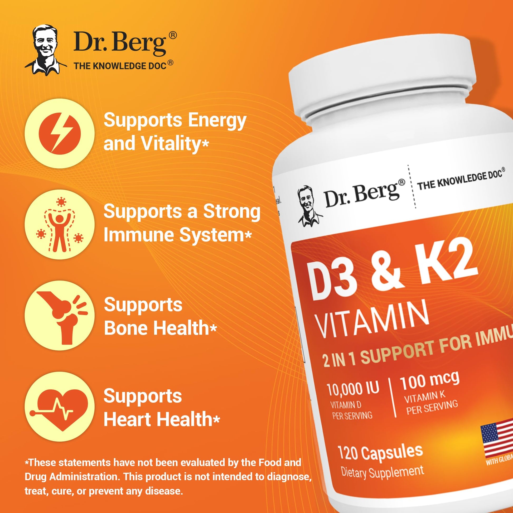 Dr. Berg Maximum Strength 7-in-1 Vitamin D3 K2 10,000 IU | Naturally Derived D3 | 4X Lab-Tested & Verified | High Absorption Formula | K2 D3 Vitamin Supplement - 120 Capsules - Medaid International