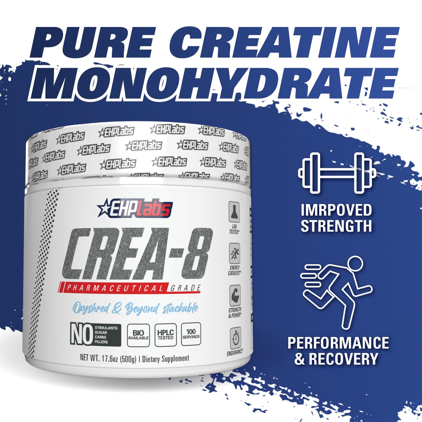 EHP Labs CREA-8 Creatine Monohydrate Powder - Unflavored Creatine Powder for Muscle Growth, Increased Strength, Enhanced Energy Output and Improved Performance - 100 Servings (500g) - Medaid International