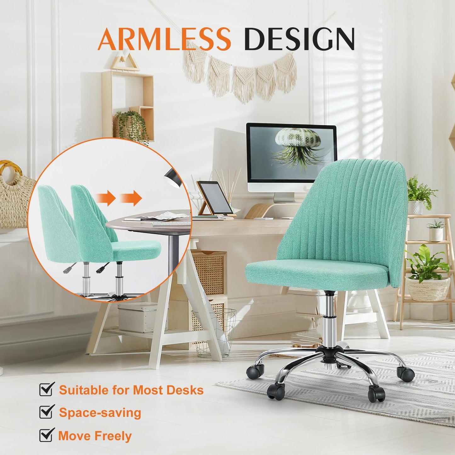 Sweetcrispy Armless Office Chair, Modern Fabric Home Office Desk Chairs with Wheels Adjustable Swivel Task Computer Vanity Seat for Small Spaces - Medaid International