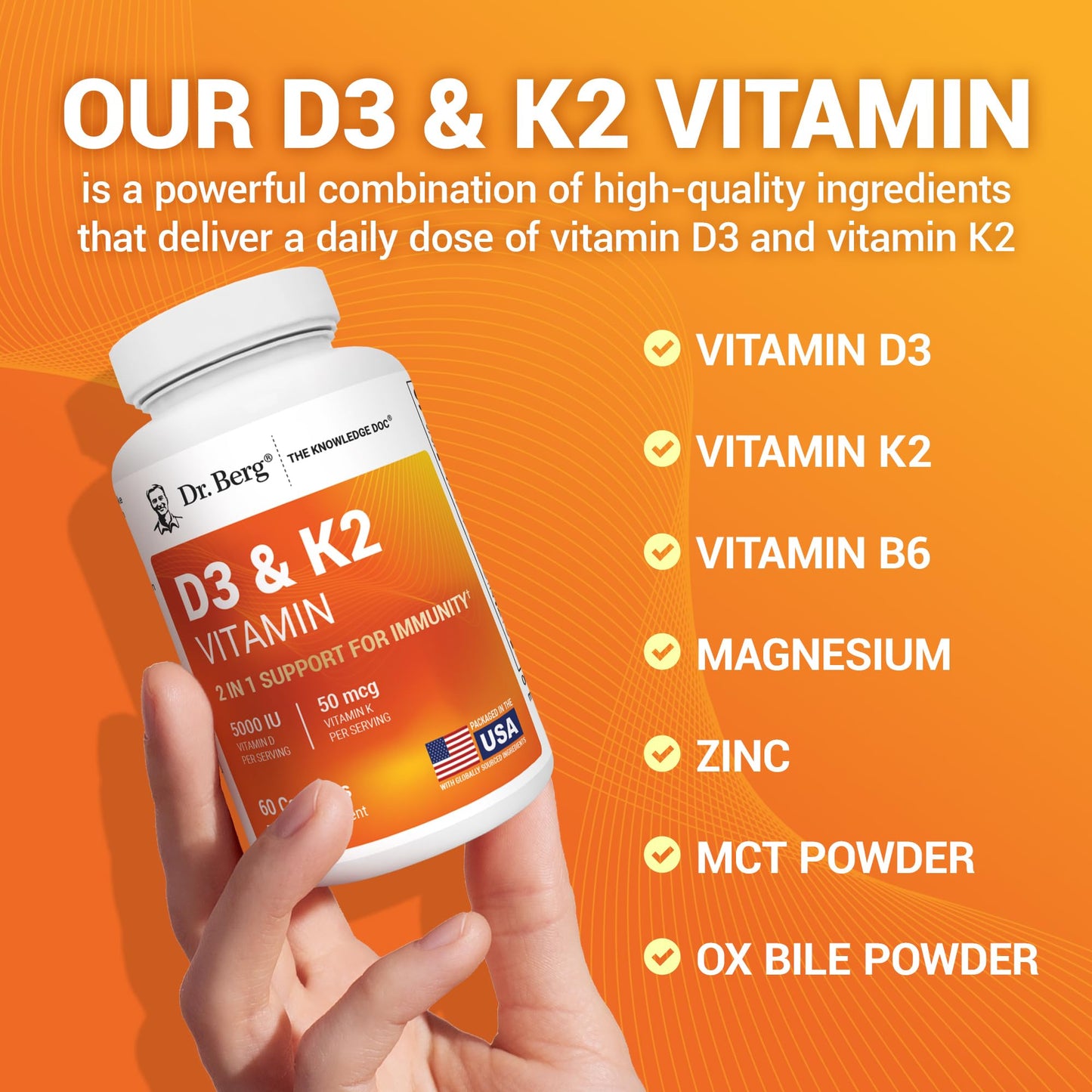 Dr. Berg Maximum Strength 7-in-1 Vitamin D3 K2 5000 IU | Naturally Derived D3 | 4X Lab-Tested & Verified | High Absorption Formula | K2 D3 Vitamin Supplement - 60 Capsules - Medaid International