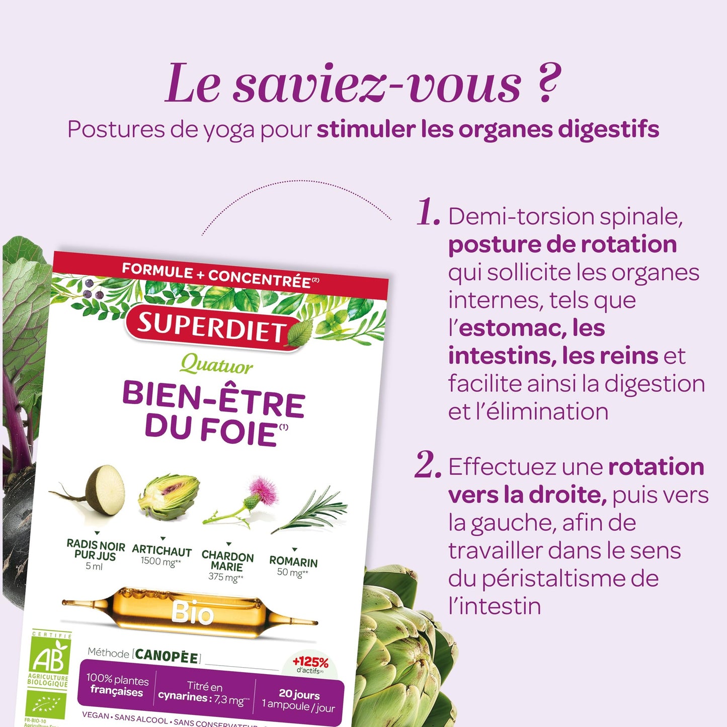SUPERDIET-QUATUOR DIGESTION BIO-Bien-être du foie -Radis Noir Artichaut Chardon Marie Romarin-Fabrication Française-20 Ampoules de 15ml - Medaid International