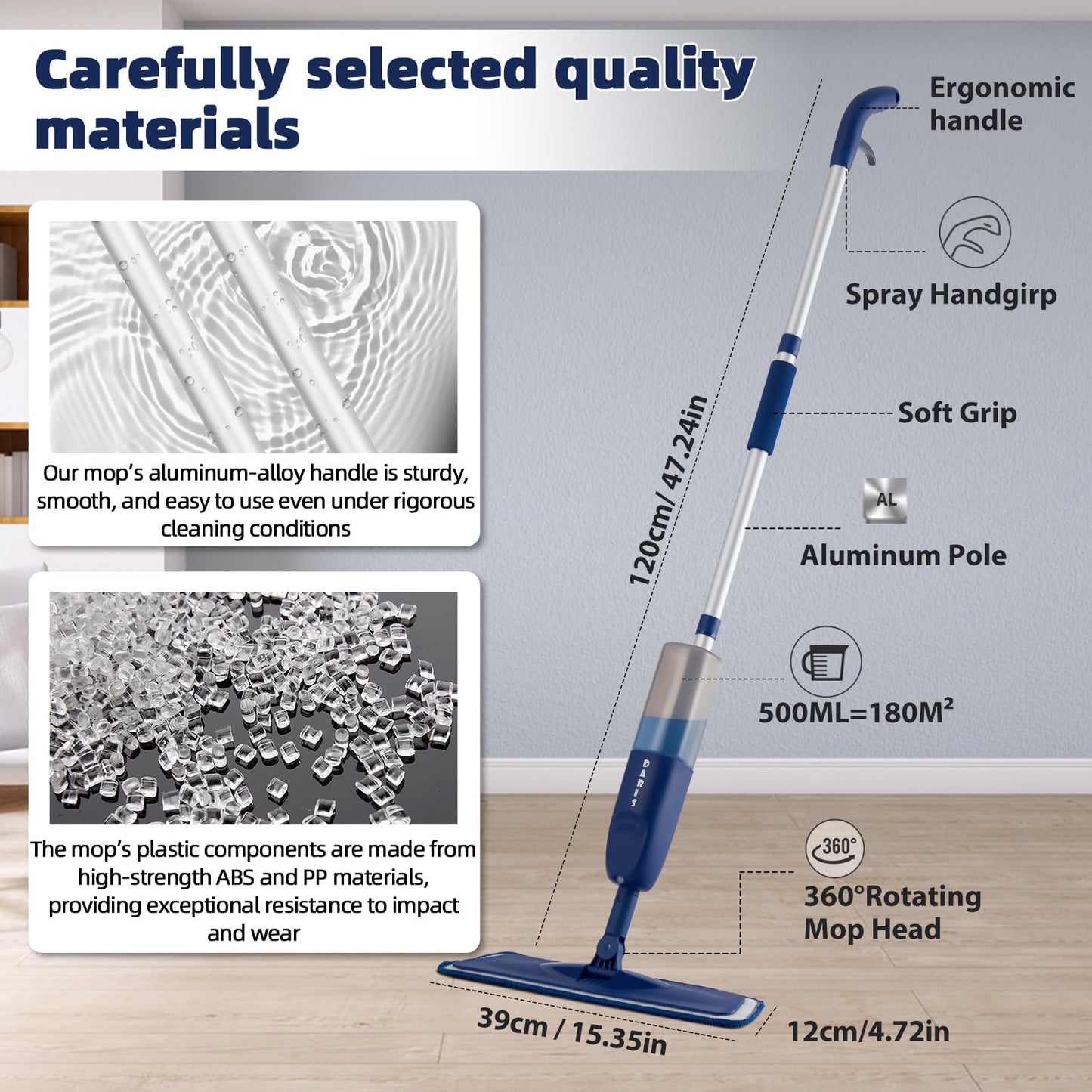 Spray Mop for Floor Cleaning with 3 Washable Pads Wet Dry Microfiber Floor Mop Sprays with 500 ml Refillable Bottle for House Kitchen Wood Floor Hardwood Laminate Ceramic Tiles Floor Dust Cleaning - Medaid International