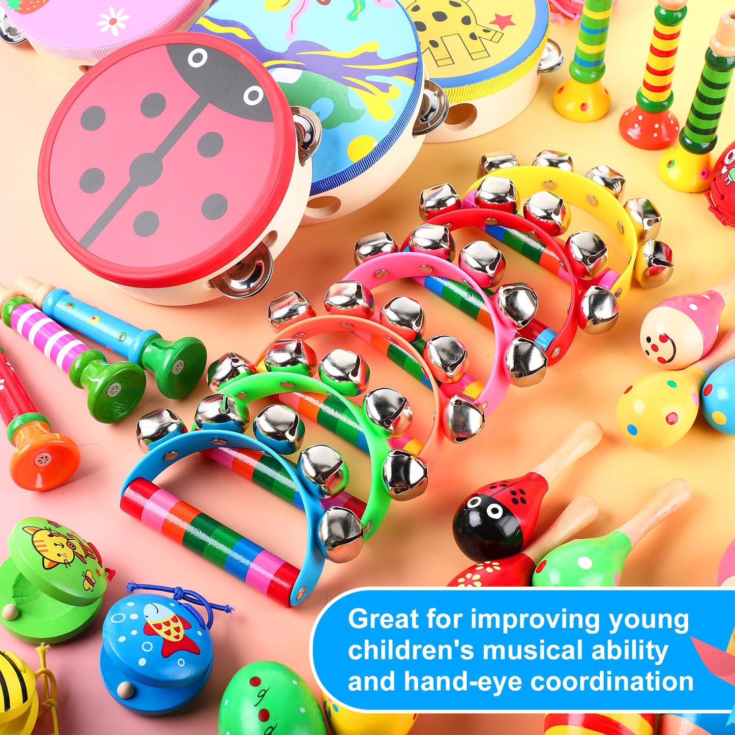 Halloscume 36 Pcs Shaker Musical Instruments for Kids Egg Shaker Wooden Trumpet Hand Held Tambourine Maracas Percussion Tambourine Drum Plastic Castanets for Preschool Early Music Learning Toy - Medaid International