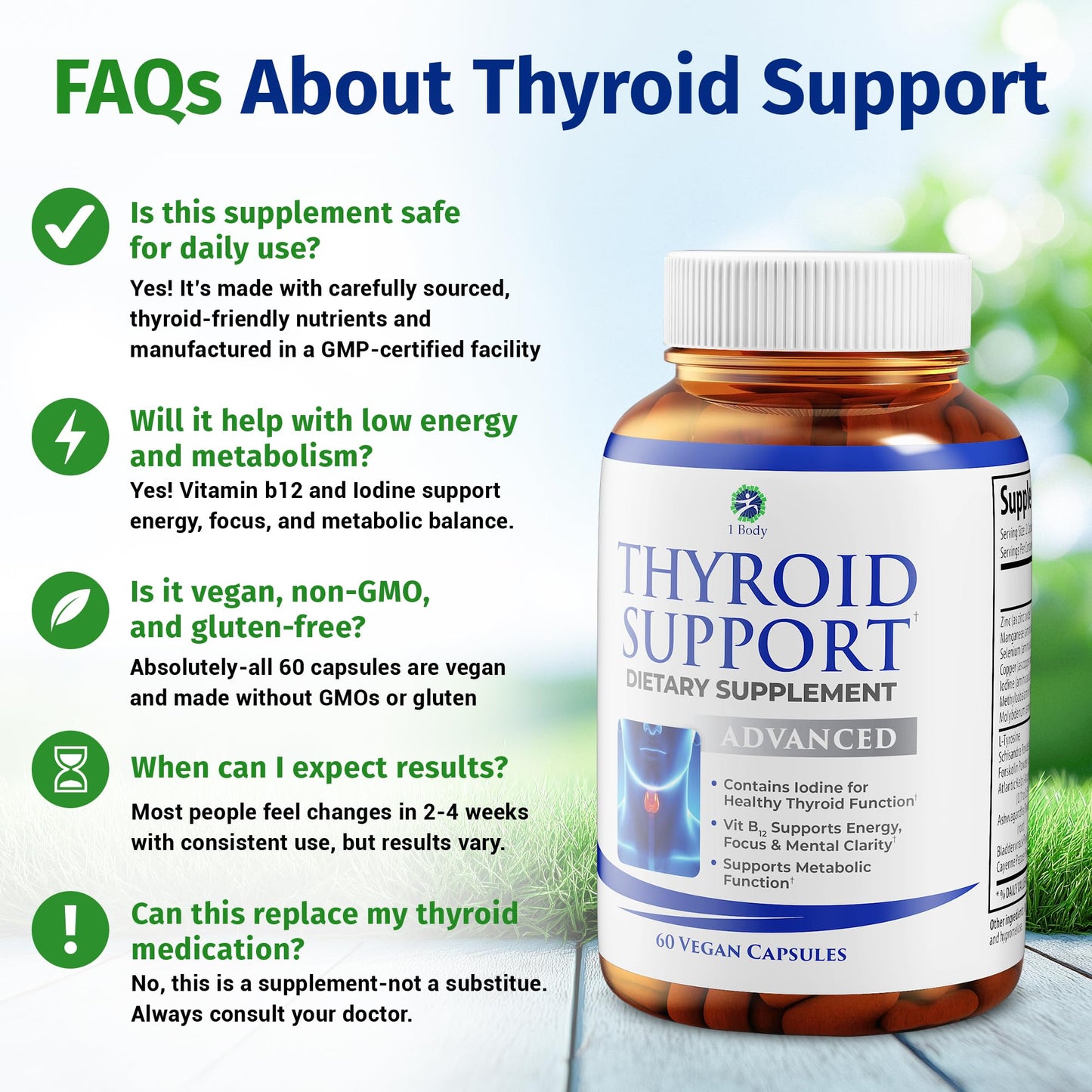 1 Body Thyroid Support Supplement with Iodine, B12, Zinc, Selenium, Ashwagandha, Non-GMO, Vegetarian, 30 Day Supply - Medaid International