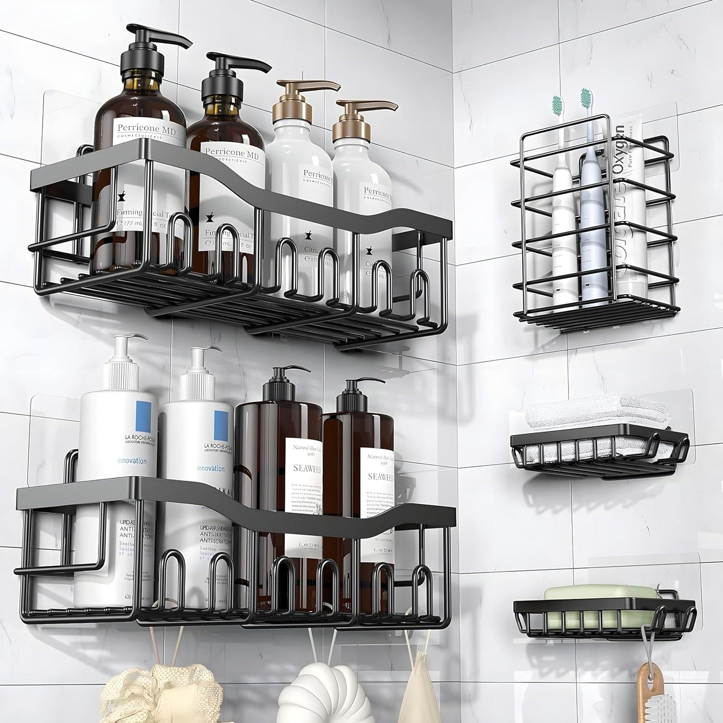 HOMIBIZ Shower Caddy 5 Pack, Adhesive Shower Organizer for Bathroom Storage & Kitchen, No Drilling, Large Capacity, Rustproof Stainless Steel Bathroom Organizer… - Medaid International
