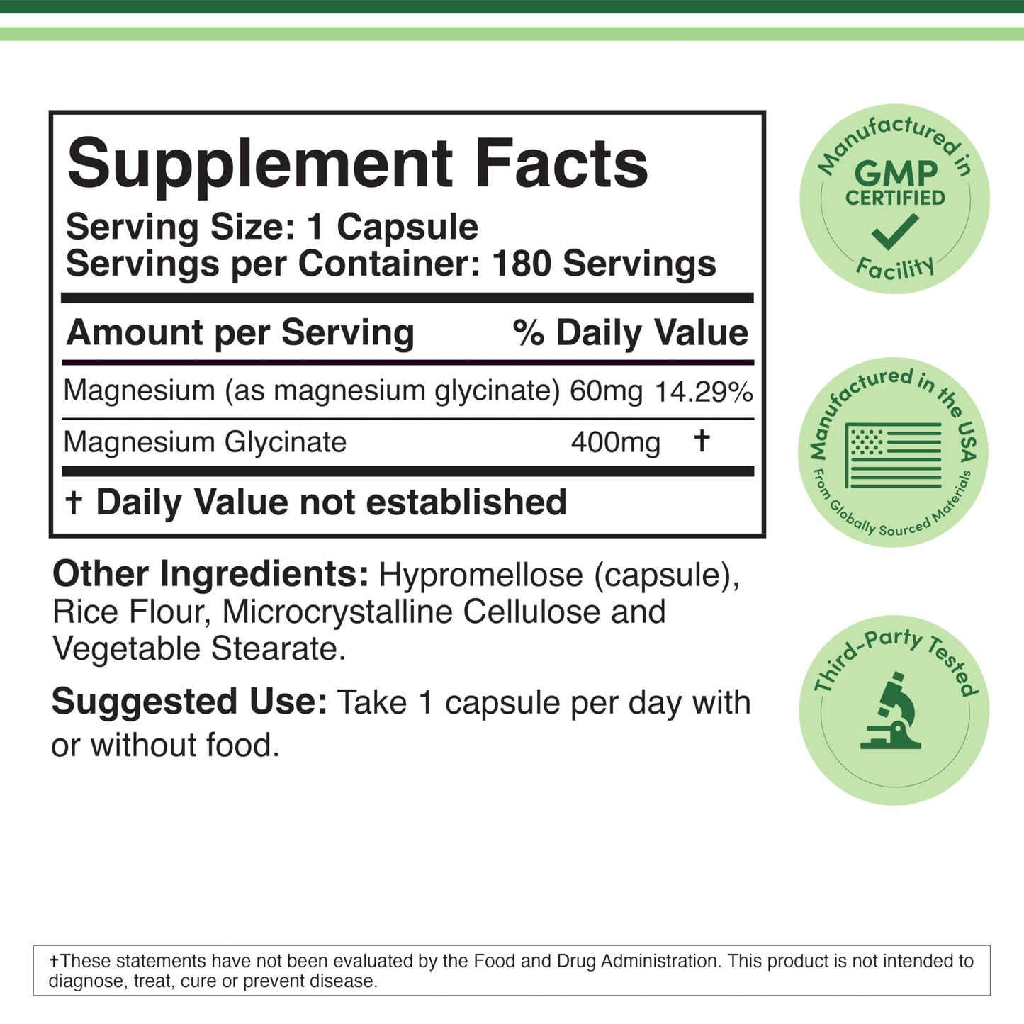 Magnesium Glycinate 400mg, for Sleep, Muscle, & Heart Support - (Vegan, Third Party Tested, Gluten Free, Non-GMO), 180 Capsules by Double Wood Supplements - Medaid International