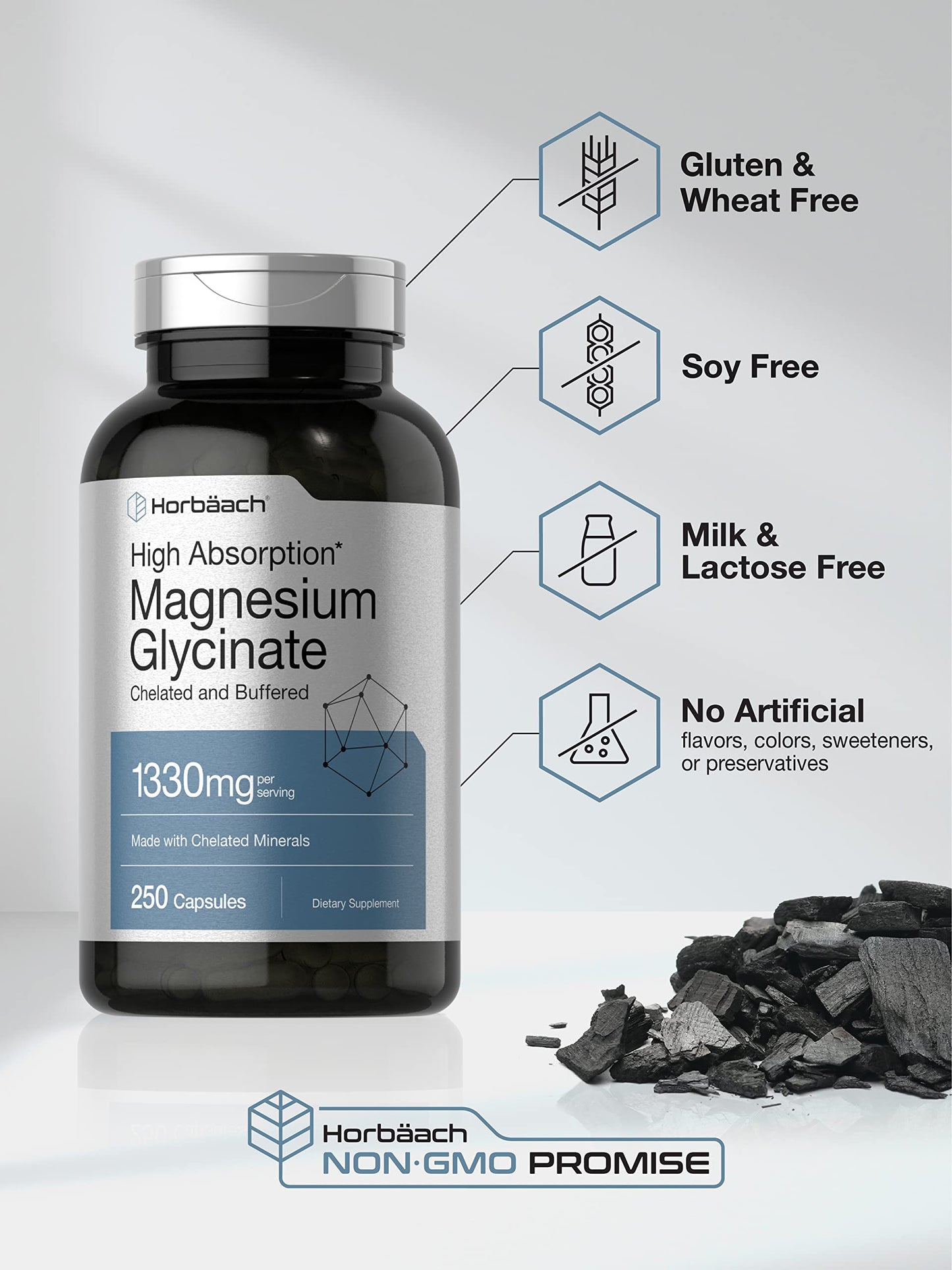 Horbäach Buffered Magnesium Glycinate | 1330mg | 250 Capsules | with Chelated Minerals | Non-GMO, Gluten Free - Medaid International