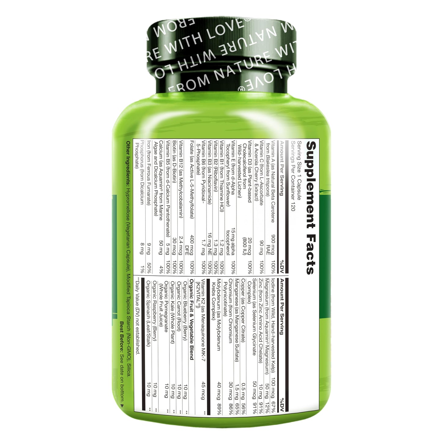 NATURELO One Daily Multivitamin for Women - Energy Support - Whole Food Supplement to Nourish Hair, Skin, Nails - Non-GMO - No Soy - Gluten Free - 120 Capsules - 4 Month Supply - Medaid International