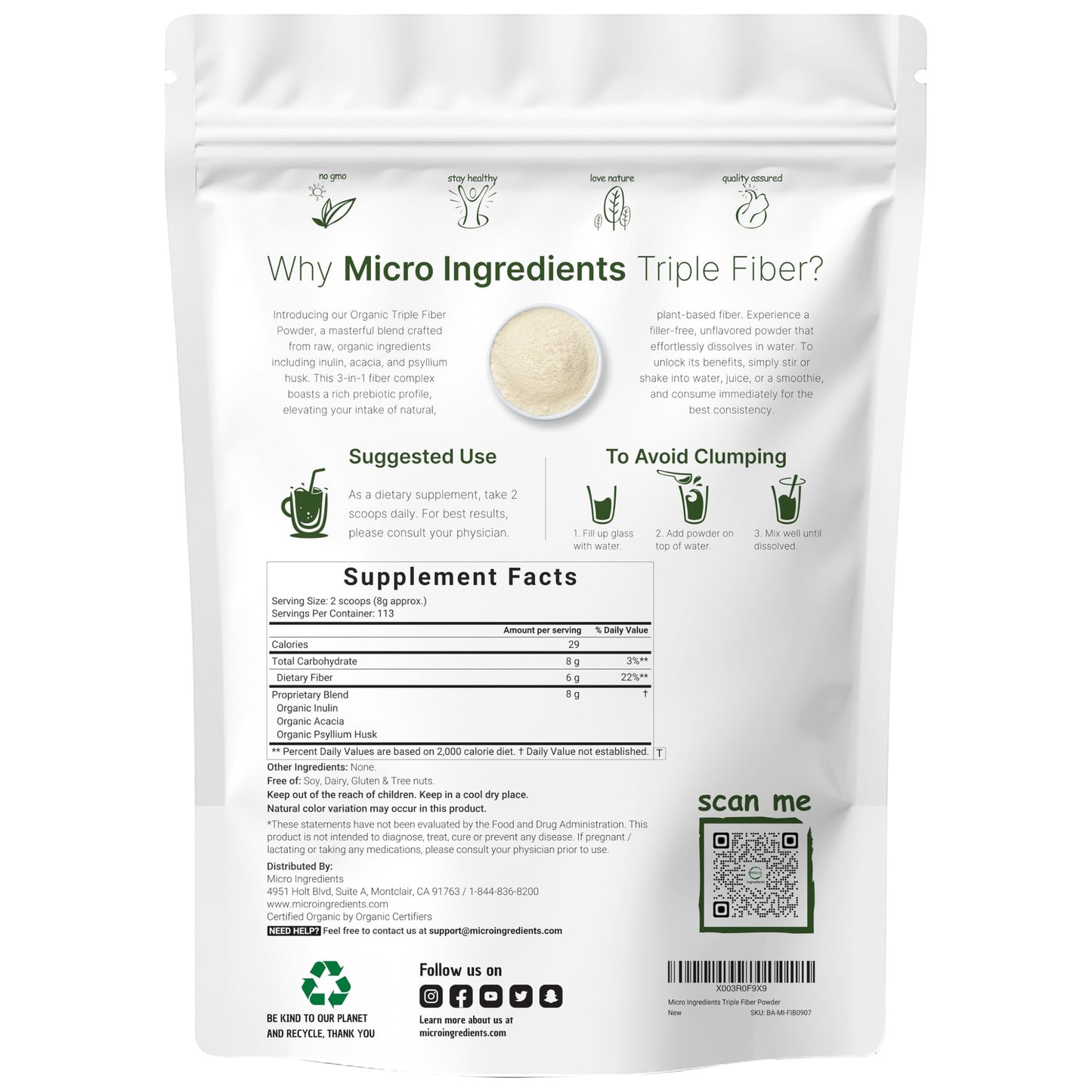 Micro Ingredients Organic Triple Fiber Powder, 2lb | Natural Prebiotic to Support Digestive & Gut Health | Soluble, Easily Digestible | Unflavored, Vegan - Medaid International