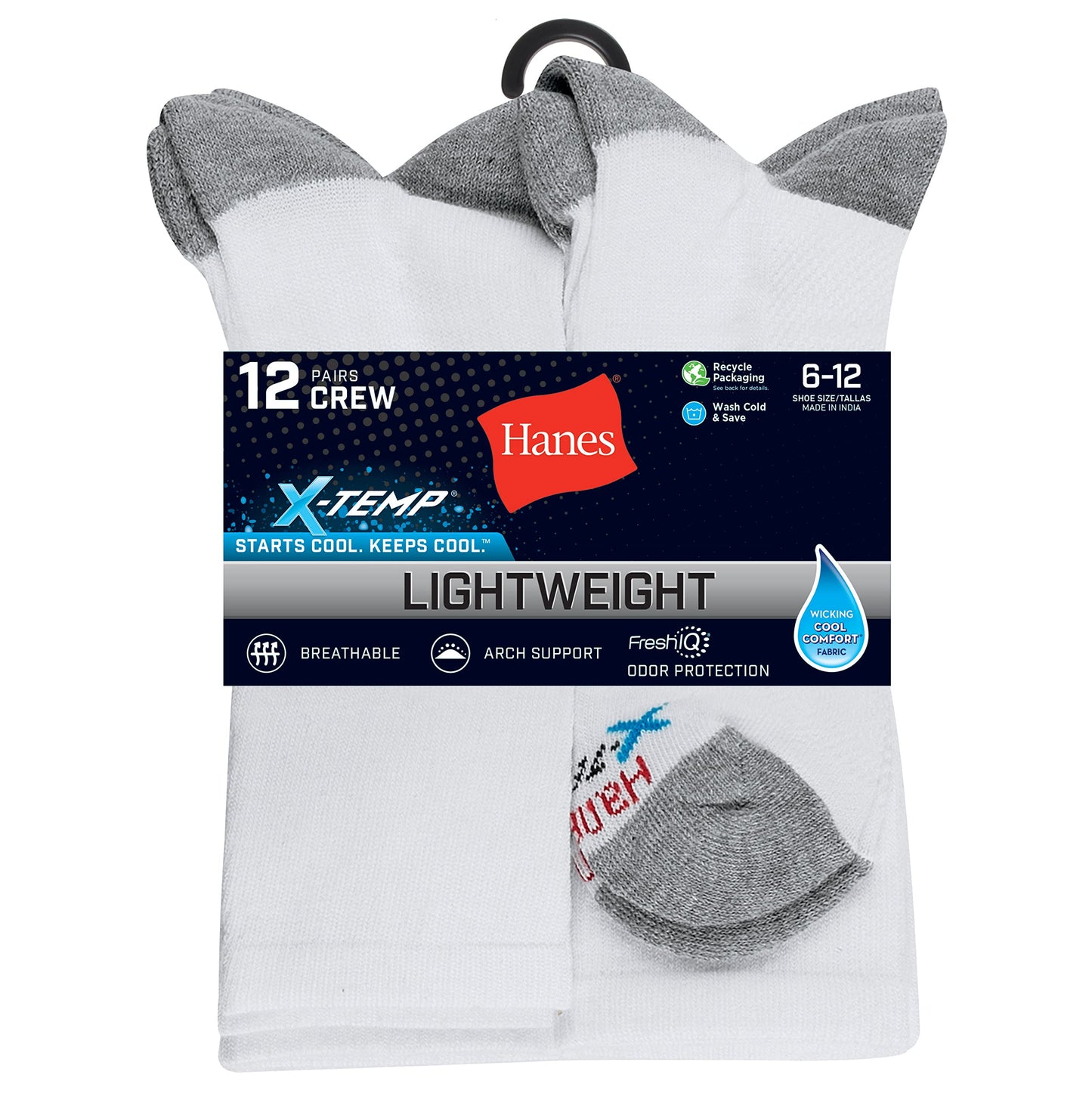 Hanes mens X-temp Lightweight Crew Socks, 12-pair Pack Casual Sock, White, 6 12 US - Medaid International