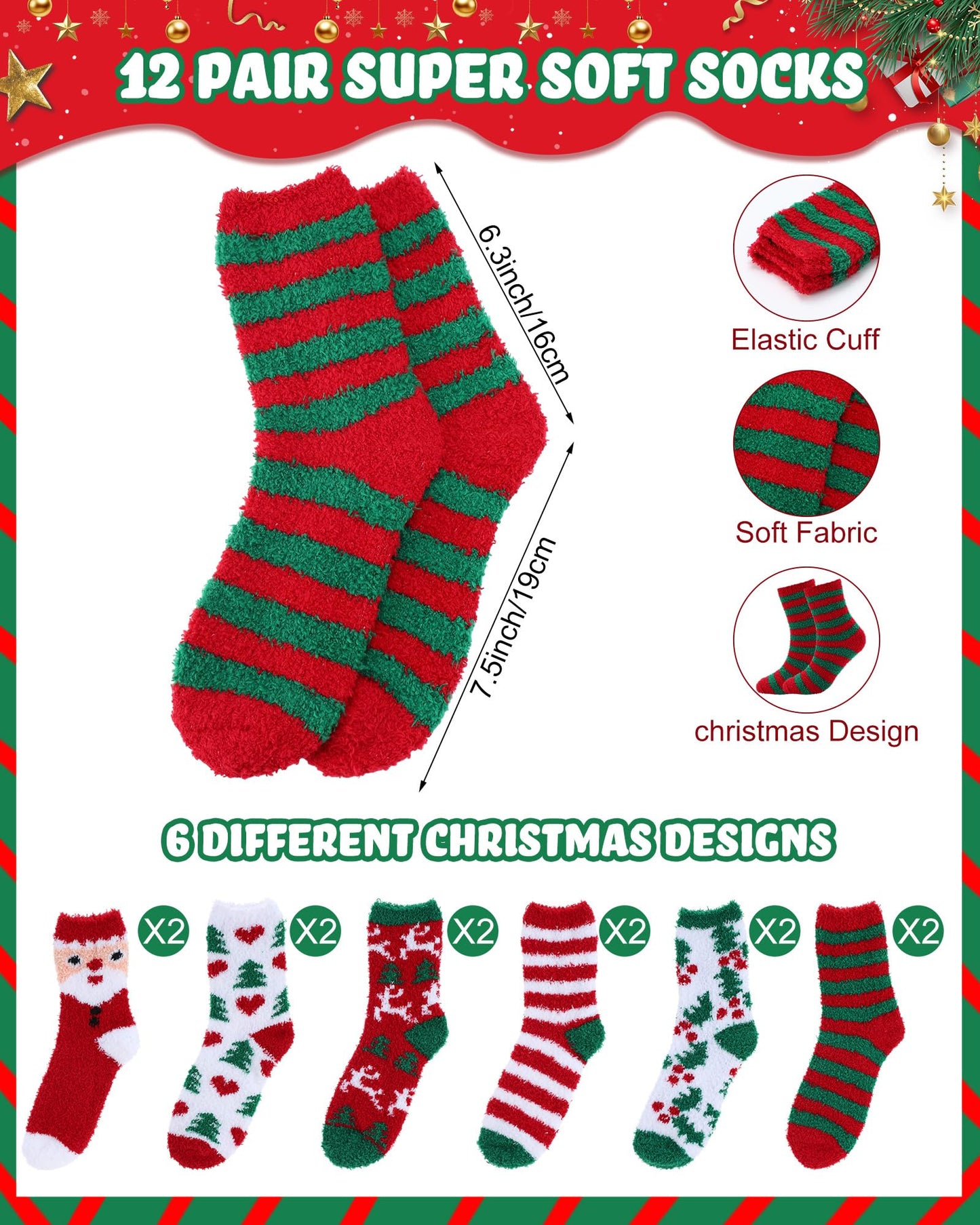 Foaincore 12 Pair Christmas Fuzzy Cupcake Socks Bulk Women Cozy Fluffy Socks Soft Winter Warm Plush Slipper Stocking with Gift Box Xmas Holiday Gifts for Her - Medaid International