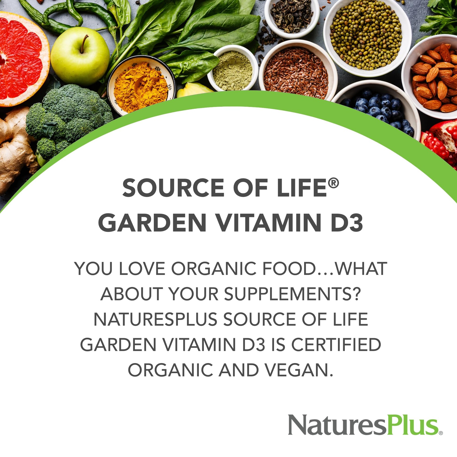 Natures Plus Source of Life Garden Certified Organic Vitamin D3 - Cholecalciferol 5000 iu, 60 Vegan Capsules - Whole Food Plant-Based Supplement - Vegetarian, Gluten-Free - 30 Servings - Medaid International