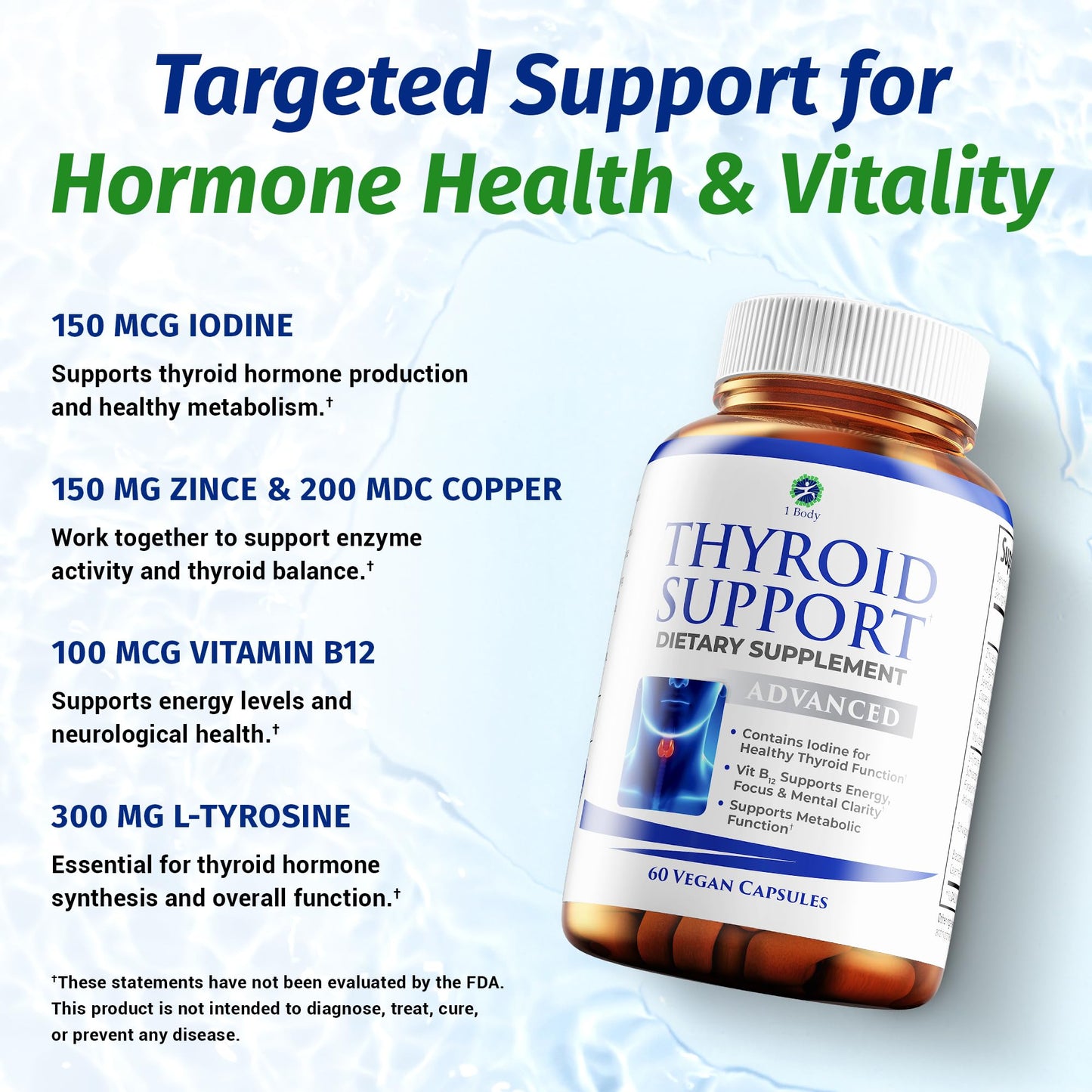 1 Body Thyroid Support Supplement with Iodine, B12, Zinc, Selenium, Ashwagandha, Non-GMO, Vegetarian, 30 Day Supply - Medaid International