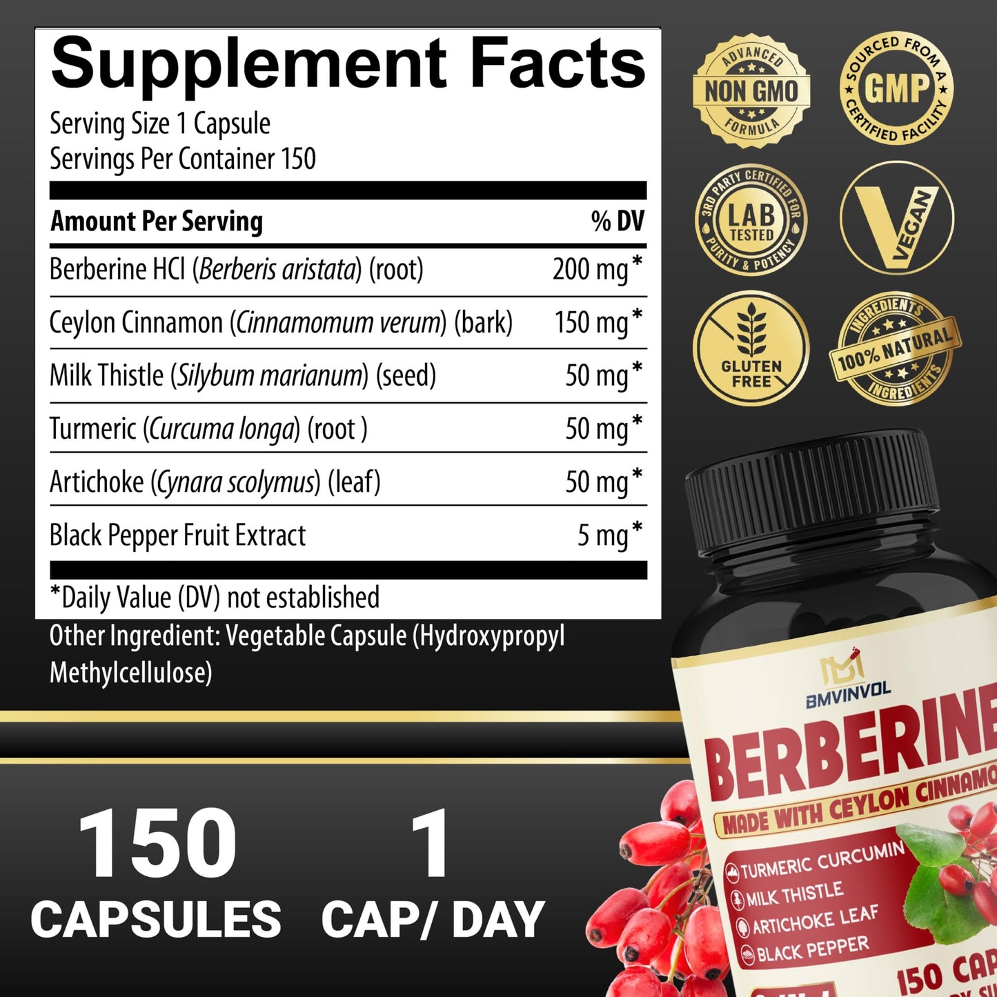 Berberine with Ceylon Cinnamon, Turmeric, Milk Thistle, Artichoke, Black Pepper - 150 Count - Pack of 1 - Medaid International