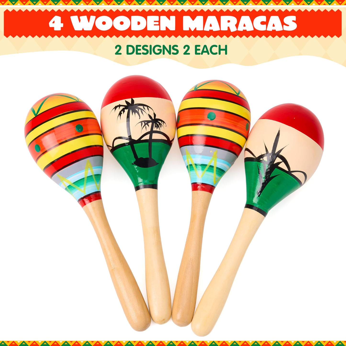 JOYIN 4 PCS Cinco De Mayo 7.6" Wooden Maracas for Kids, Maraca Magic, Wooden Rattle Noisemaker for Mexican Fiesta Party Favors, Musical Fun Parties, Luau Party, Carnivals, Taco Tuesday Event - Medaid International