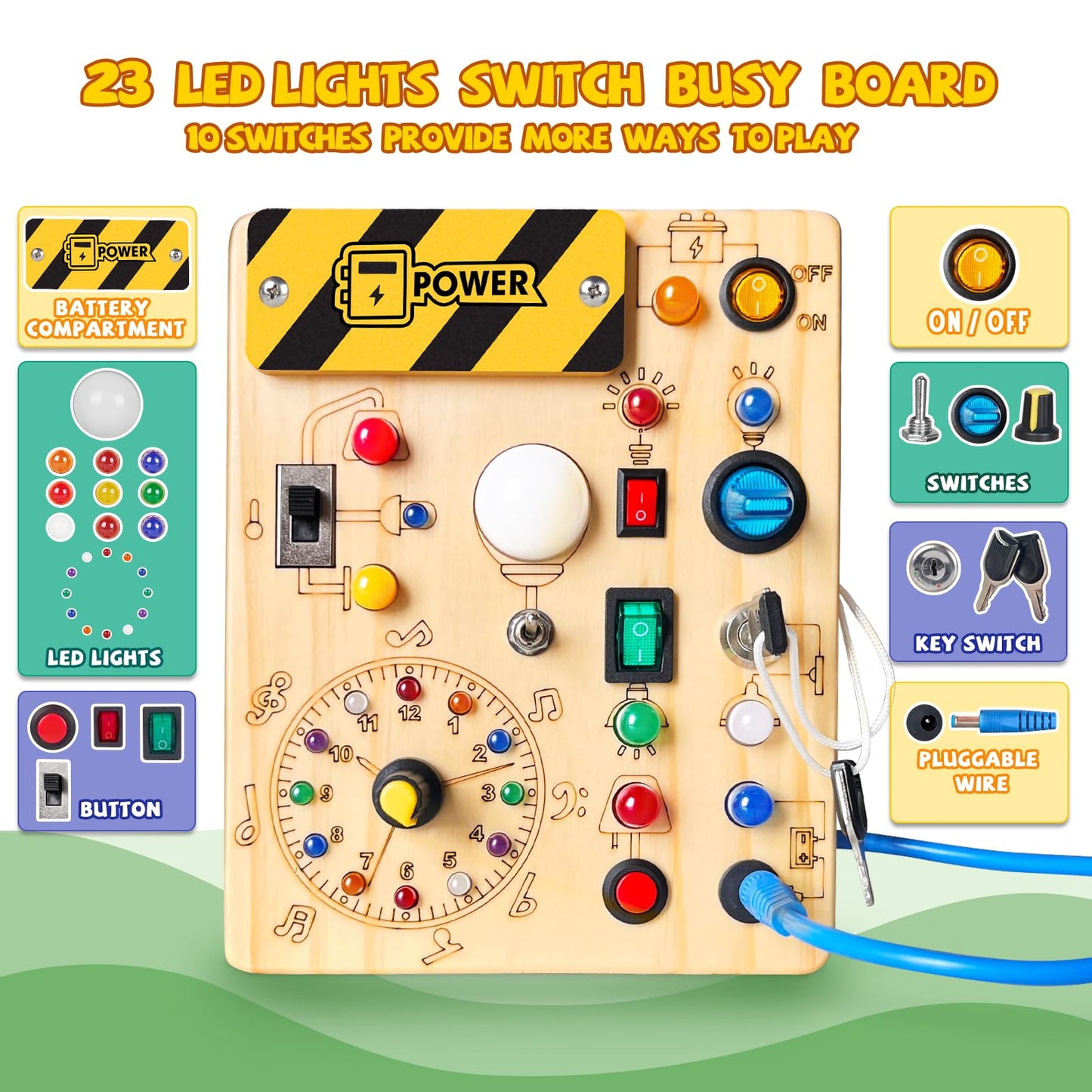 Iabedi Busy Board, Montessori Toy for 1-3 Years Old, Wooden Toddler Sensory Travel Toy, Ideal Gift for 1+ Year Old Boys (Busy Board Plus V2), Medium, Yellow - Medaid International