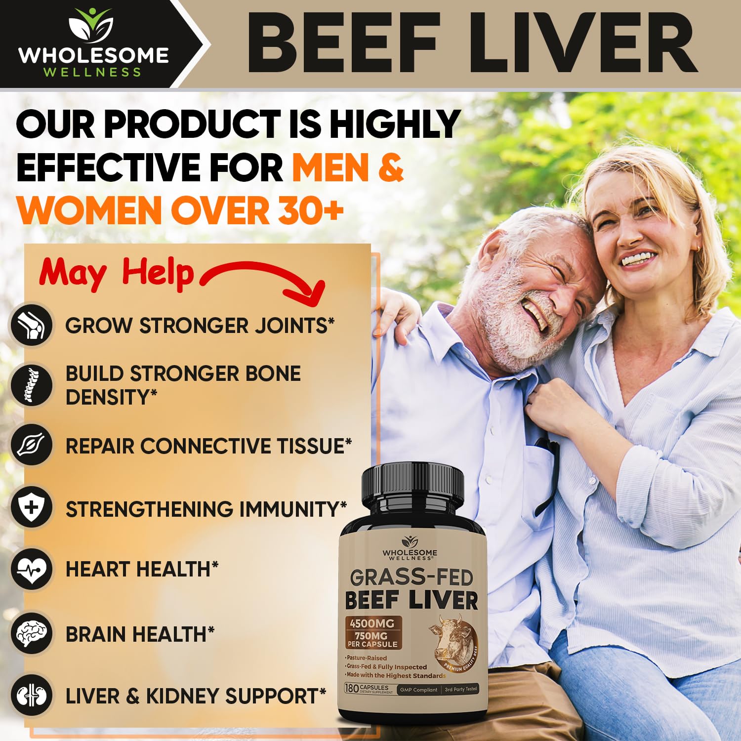 Wholesome Wellness Grass Fed Desiccated Beef Liver Capsules (180 Pills, 750mg Each) - Natural Iron, Vitamin A, B12 for Energy - Raised Undefatted in New Zealand Without Hormones or Chemicals - Medaid International