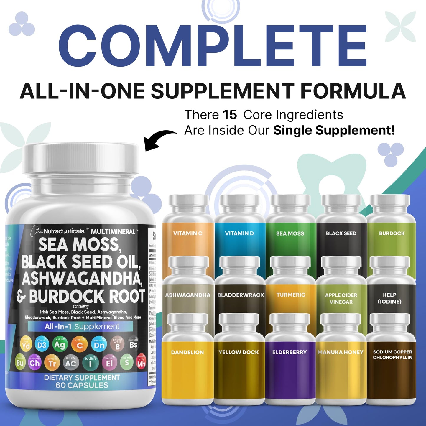 Clean Nutraceuticals Sea Moss Black Seed Oil Ashwagandha Turmeric Bladderwrack Burdock & Vitamin C Vitamin D3 with Elderberry Manuka Dandelion Yellow Dock Iodine Chlorophyll ACV - Medaid International