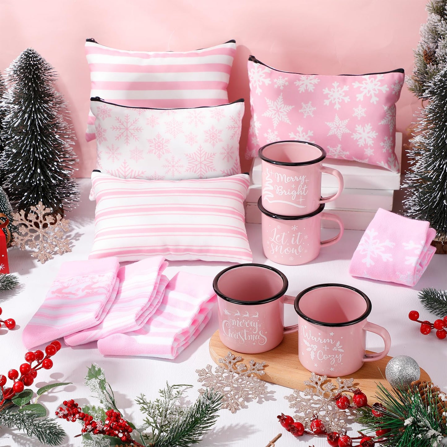 Baderke 4 Set Christmas Gifts Christmas Mugs Enamel Mug 4 Pcs Xmas Makeup Bags Bulk Santa Goodie Bags and 4 Pcs Santa Socks Xmas Socks for Family Women Friend(Pink) - Medaid International