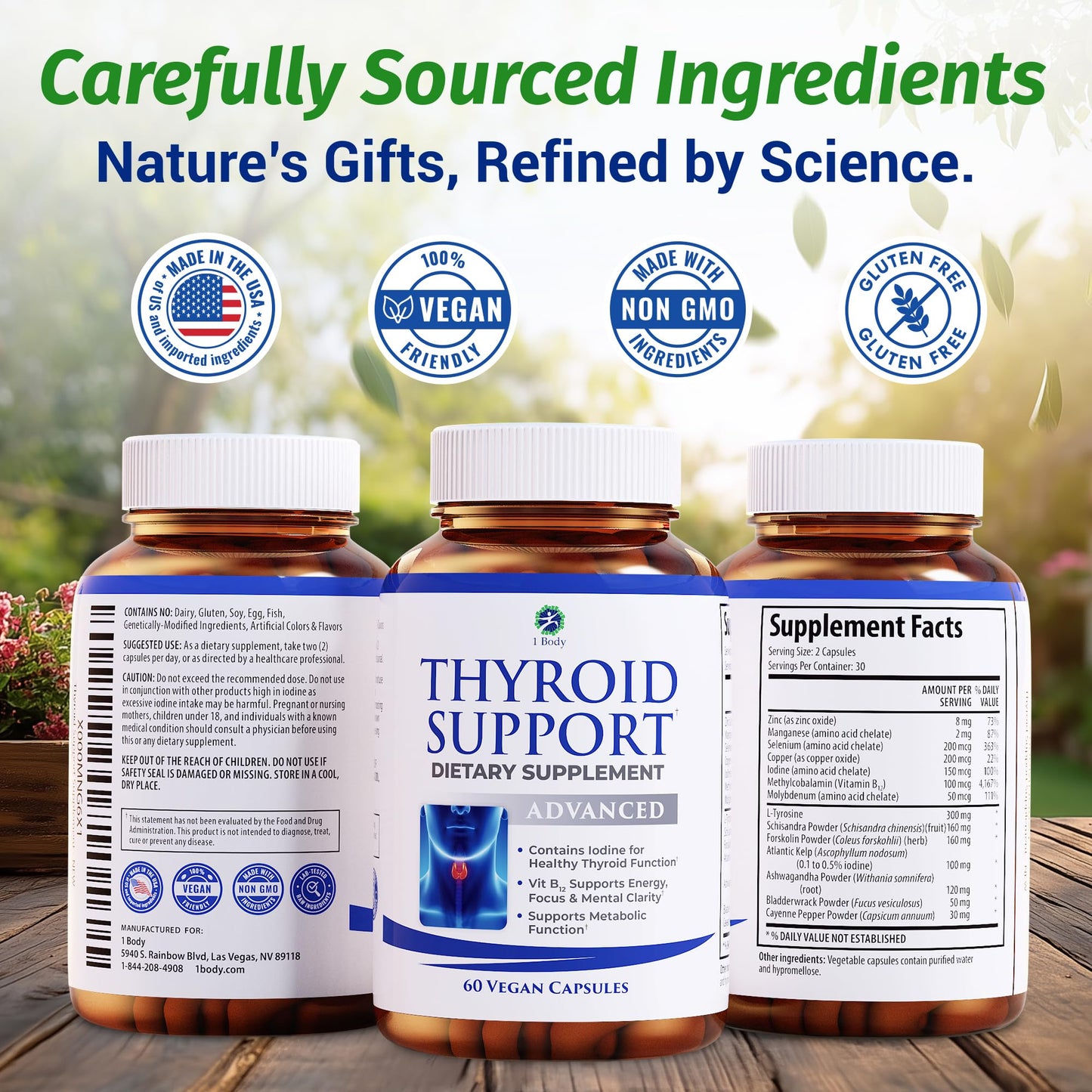 1 Body Thyroid Support Supplement with Iodine, B12, Zinc, Selenium, Ashwagandha, Non-GMO, Vegetarian, 30 Day Supply - Medaid International
