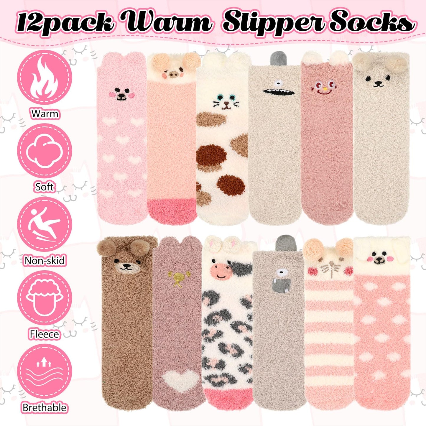 Foaincore 12 Pairs Women Fuzzy Socks Soft Fluffy Cute Animal Slipper Socks Winter Warm Sleeping Slipper Xmas Gift for Girls Women(Classic) - Medaid International