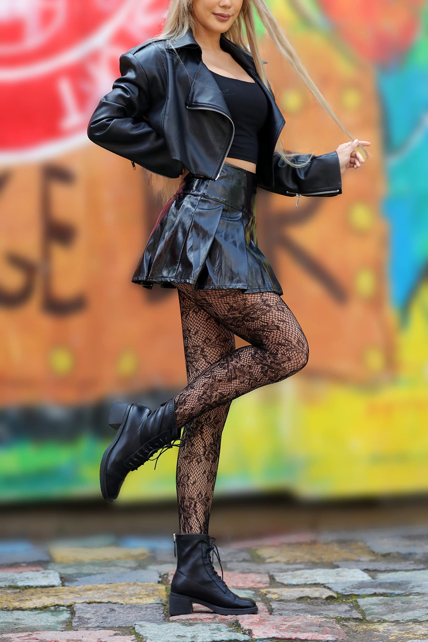 EVERSWE High Waist Fishnet Tights, Thigh High Suspender Stockings (Allover Flower, LXL) - Medaid International