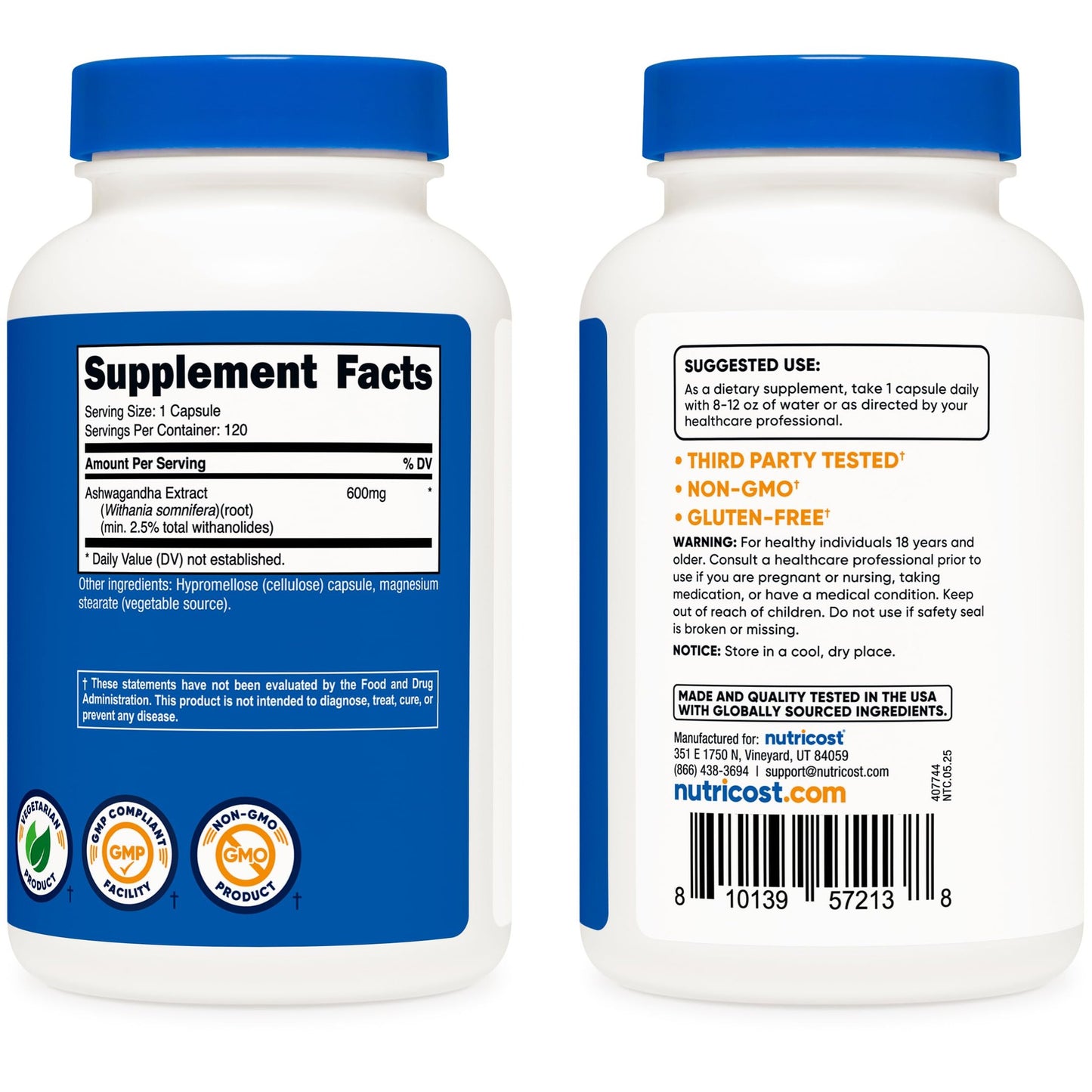Nutricost Ashwagandha Herbal Supplement 600mg, 120 Capsules - Vegetarian, Non-GMO, Gluten Free, Ashwagandha Root - Medaid International