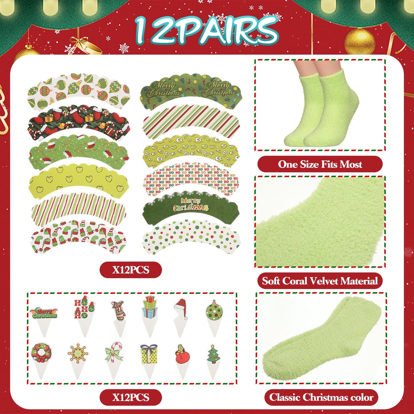Suhine 12 Pairs Christmas Fuzzy Socks for Women, Elf Cupcake Gift Socks Xmas Green Stockings Bulk Christmas Basket Stuffers - Medaid International