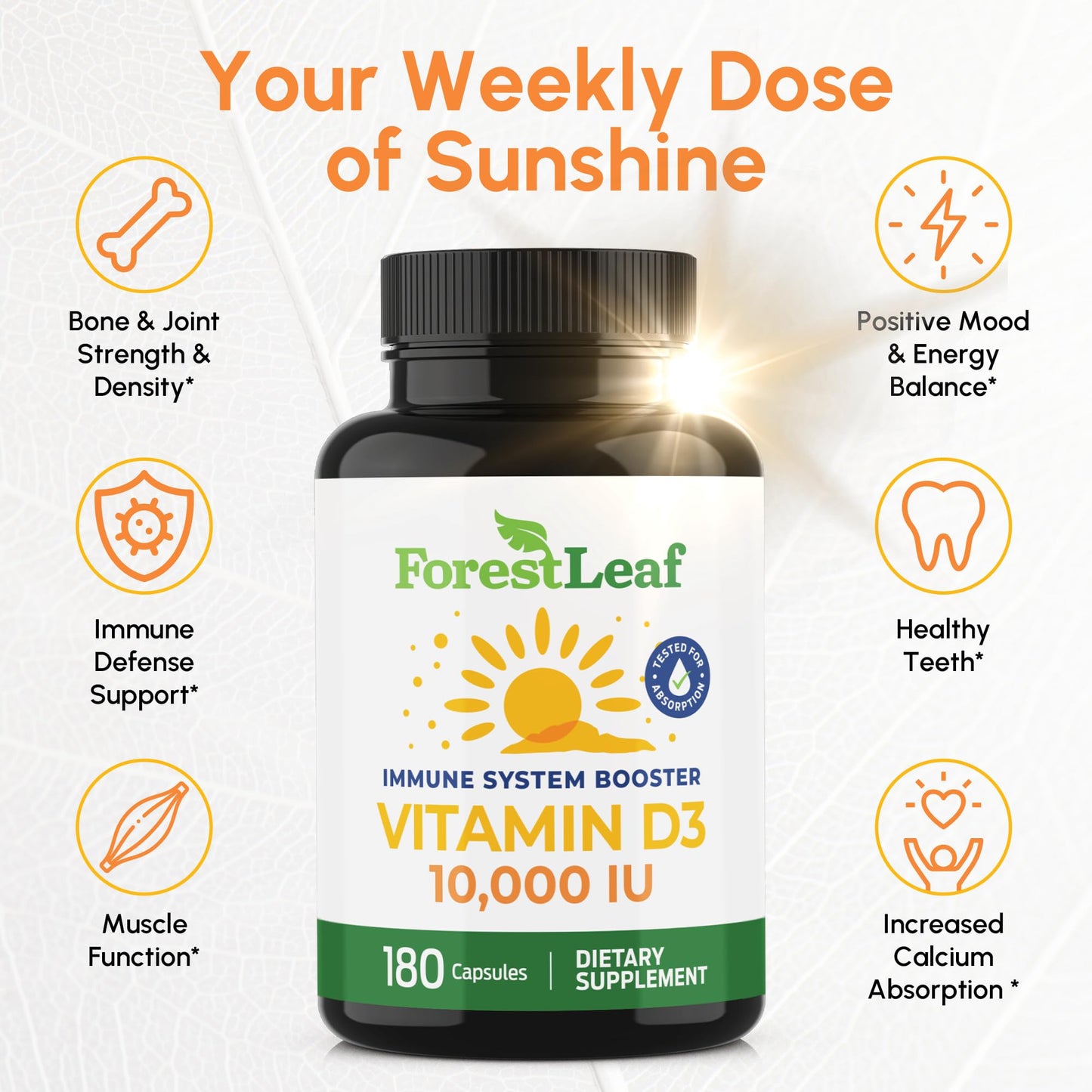ForestLeaf Vitamin D3 10,000 IU | VIT D - VIT D3 Vitamin D Supplements for Women and Men | Bone Health, Teeth and Immune Support | Easy to Swallow Pills | High Potency Daily, 6-Month Supply, 180 Caps - Medaid International