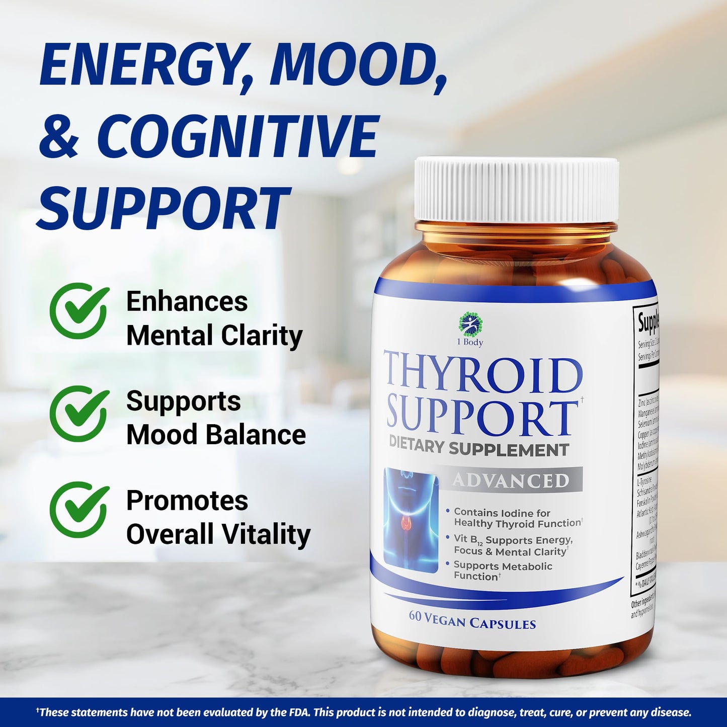 1 Body Thyroid Support Supplement with Iodine, B12, Zinc, Selenium, Ashwagandha, Non-GMO, Vegetarian, 30 Day Supply - Medaid International