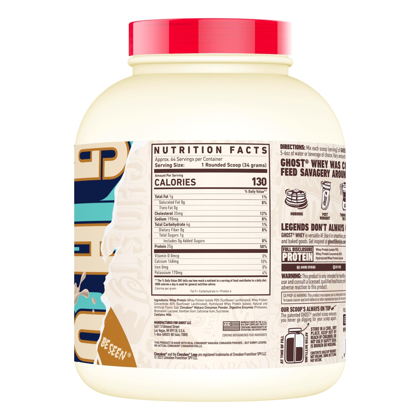 GHOST Whey Protein Powder, Cinnabon - 5LB, 25G of Protein - Cinnamon Roll Flavored Isolate, Concentrate & Hydrolyzed Whey Protein Blend - Post Workout Shakes - Soy & Gluten Free - Medaid International