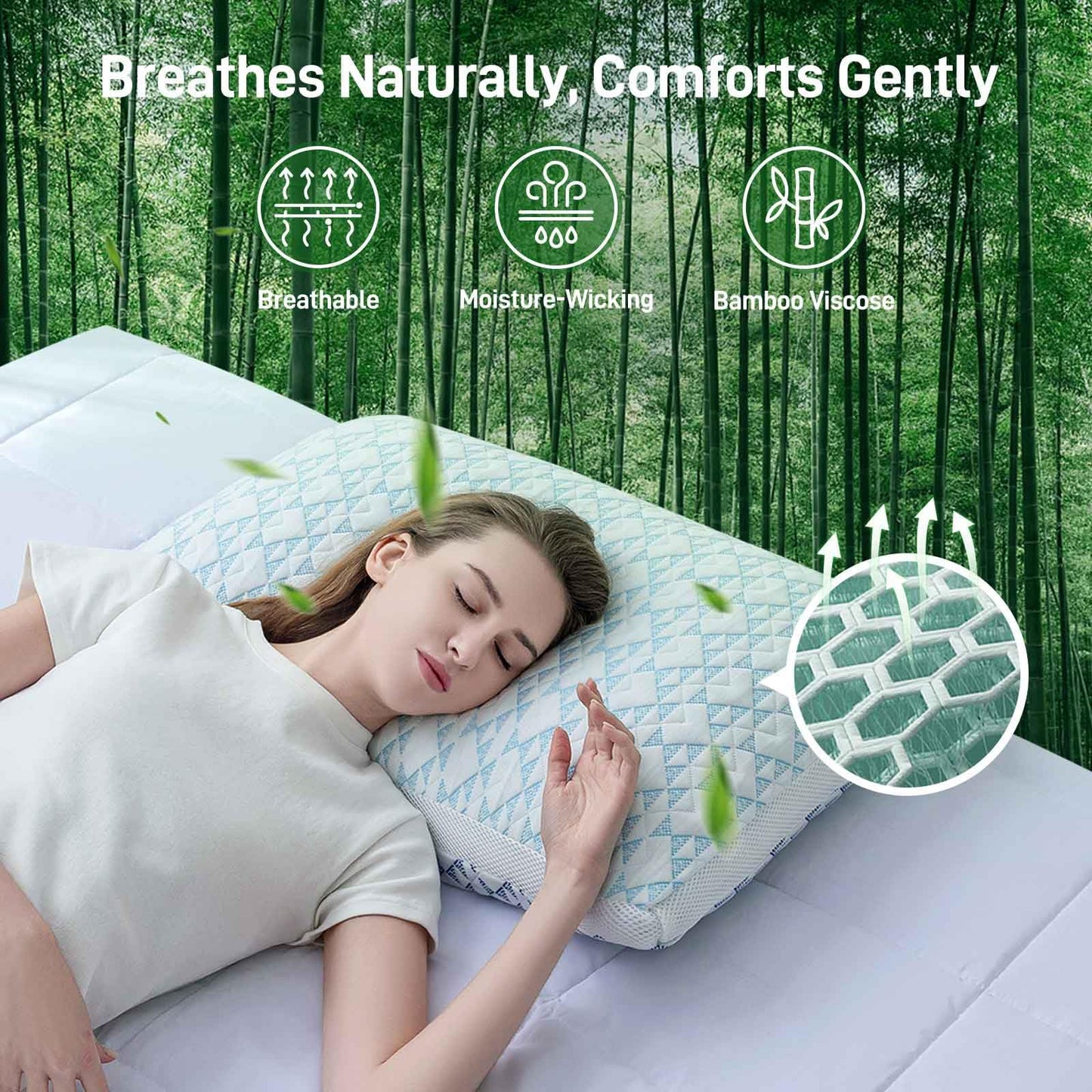 Caelorin Shredded Memory Foam Cooling Soft Bamboo Viscose Pillows Queen Size Set of 2, Adjustable Hypoallergenic Hotel Quality Bed Pillows for Side, Stomach and Back Sleeper, Oeko-TEX Certified - Medaid International